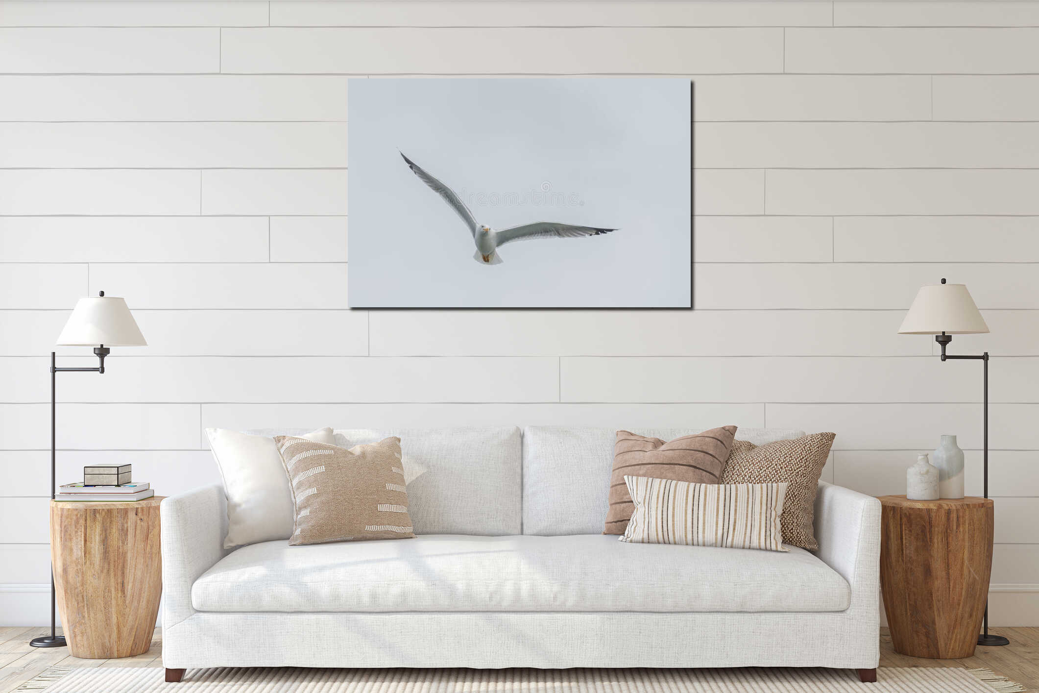 Seagull flying with cloudy sky Larus interior mockup