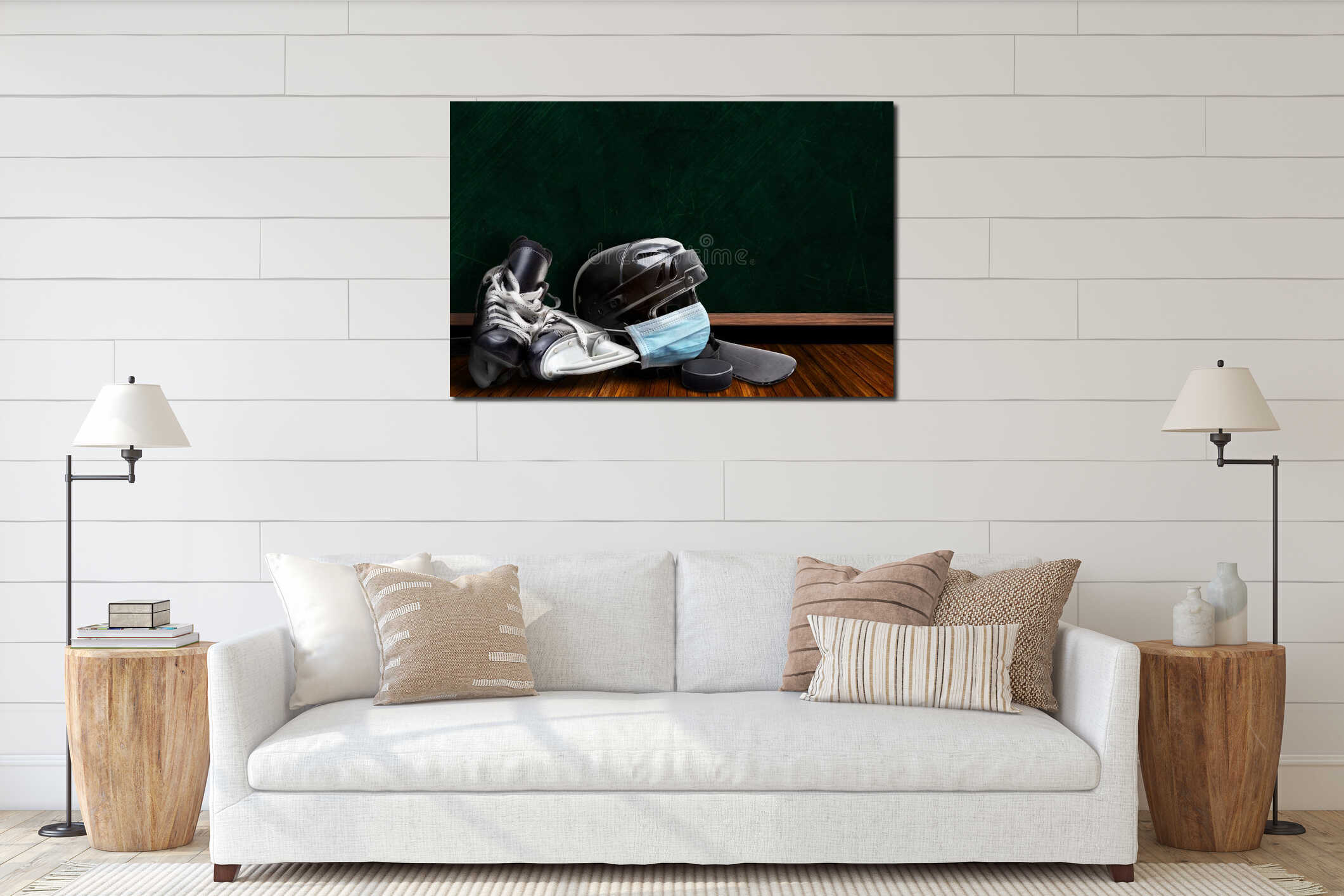 Ice Hockey Helmet Wearing Mask With Chalkboard Background and Copy Space interior mockup