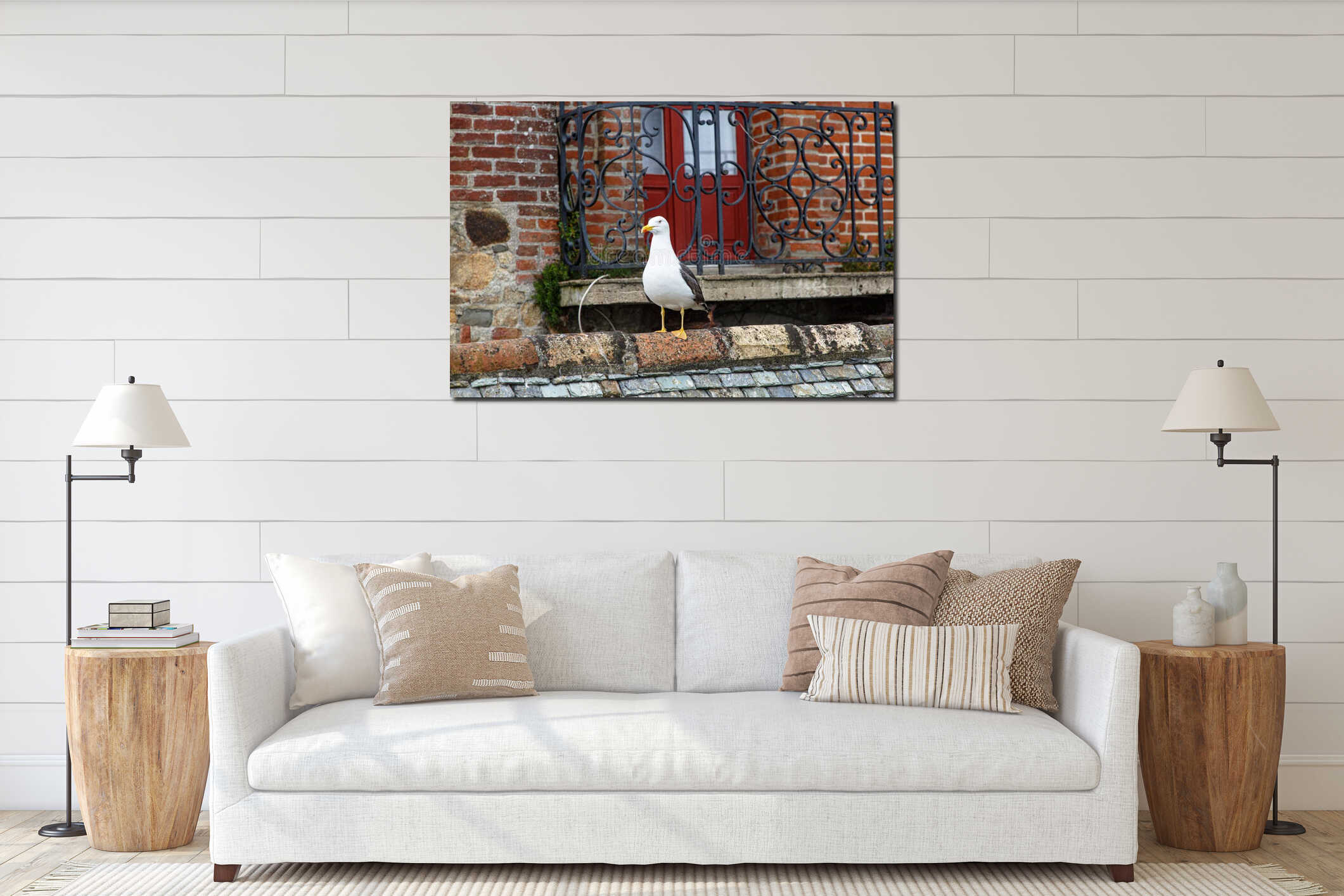 A Seagull sits on the tiled roof interior mockup