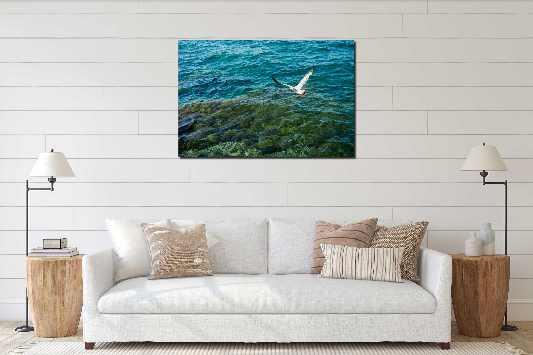 White seagull flying over clear sea interior mockup