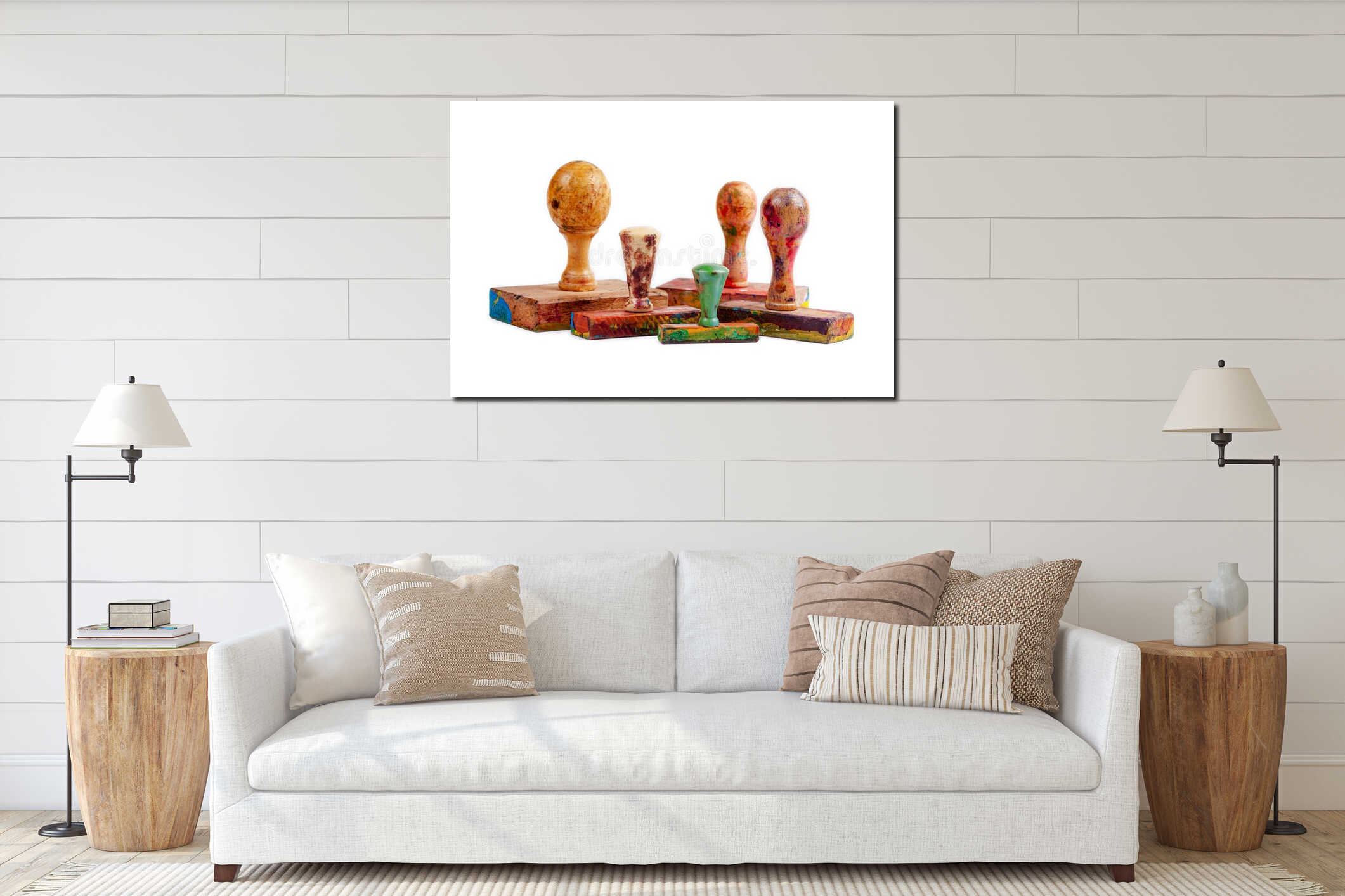 Set of wooden stamps. Group of dirty hand stamps made from wood covered in paint isolated on white, many various sizes, painting interior mockup