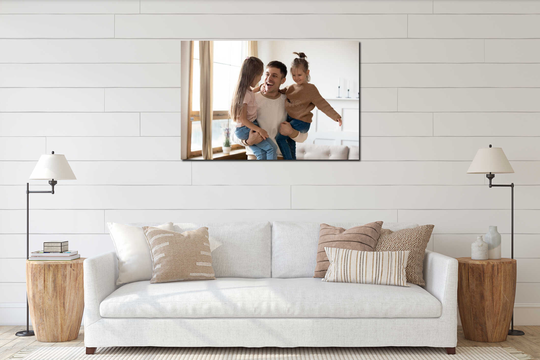 Overjoyed young father holding two little children siblings. interior mockup