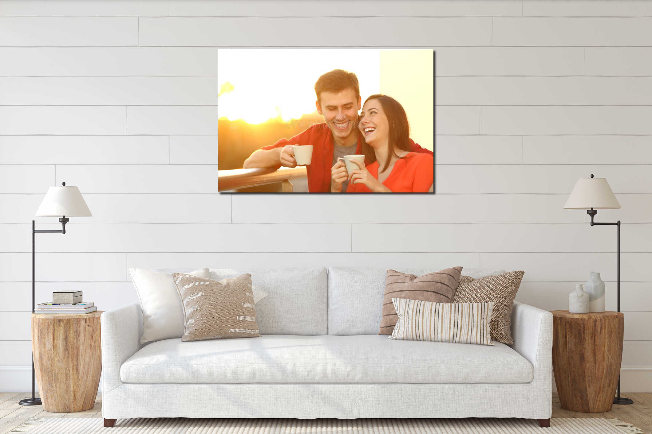 Happy couple enjoying coffee at sunset on a balcony interior mockup