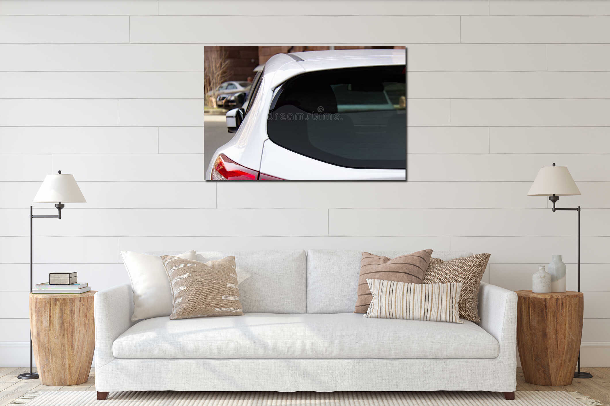 Back window of a white car parked on the street, rear view. Mock-up for sticker or decals interior mockup