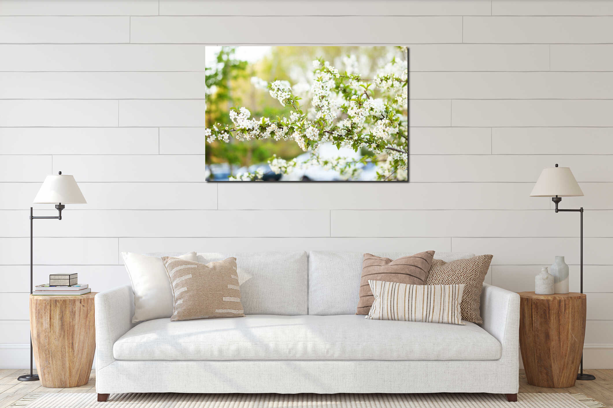 Blooming tree. Beautifully blossoming branch apple. White flower Apricot. Spring easter greeting card. Flowers Cherry flowering. W interior mockup