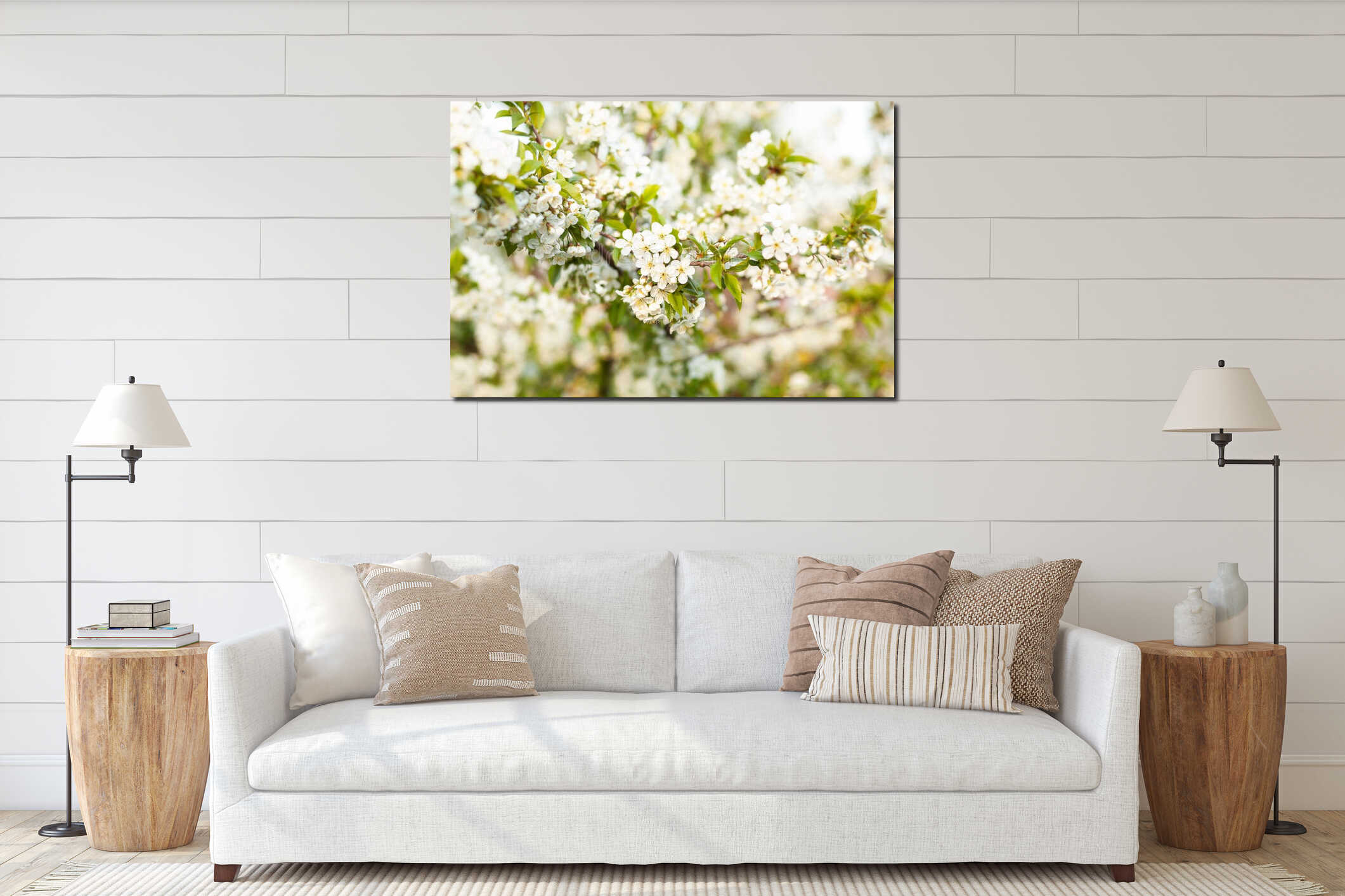 Blooming tree. Beautifully blossoming branch apple. White flower Apricot. Spring easter greeting card. Flowers Cherry flowering. W interior mockup