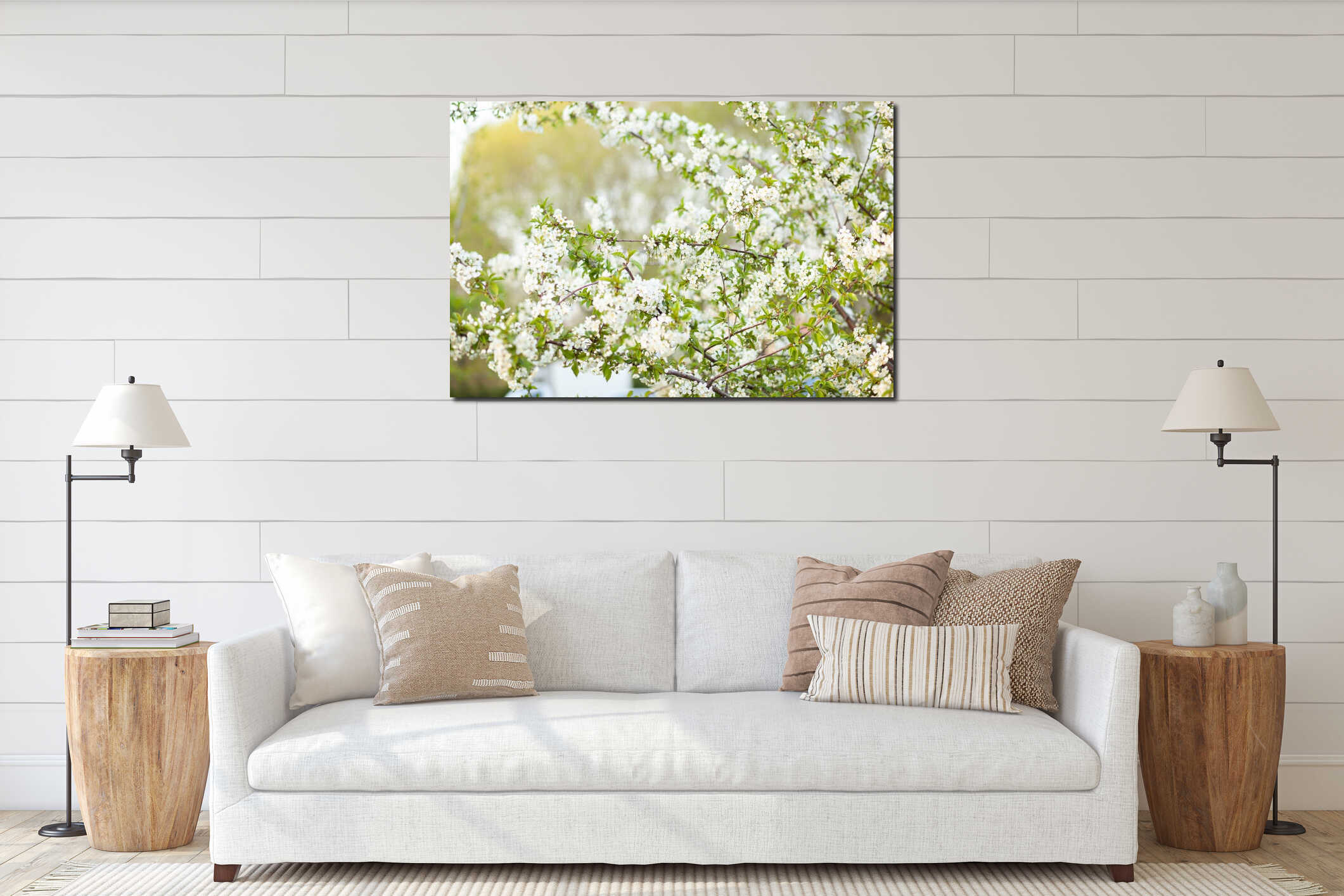 Blooming tree. Beautifully blossoming branch apple. White flower Apricot. Spring easter greeting card. Flowers Cherry flowering. W interior mockup