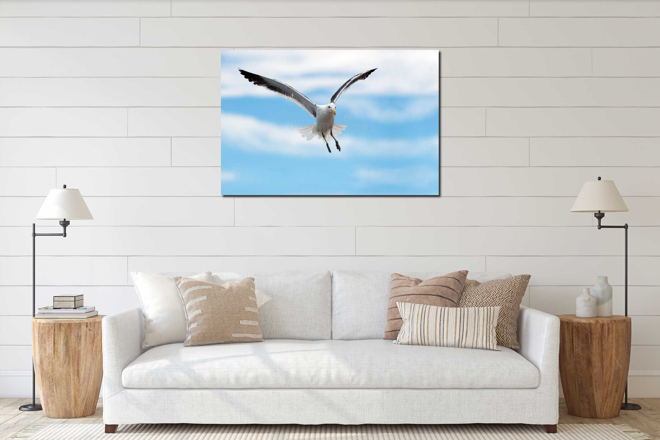 A close up action photograph of a seagull in flight interior mockup