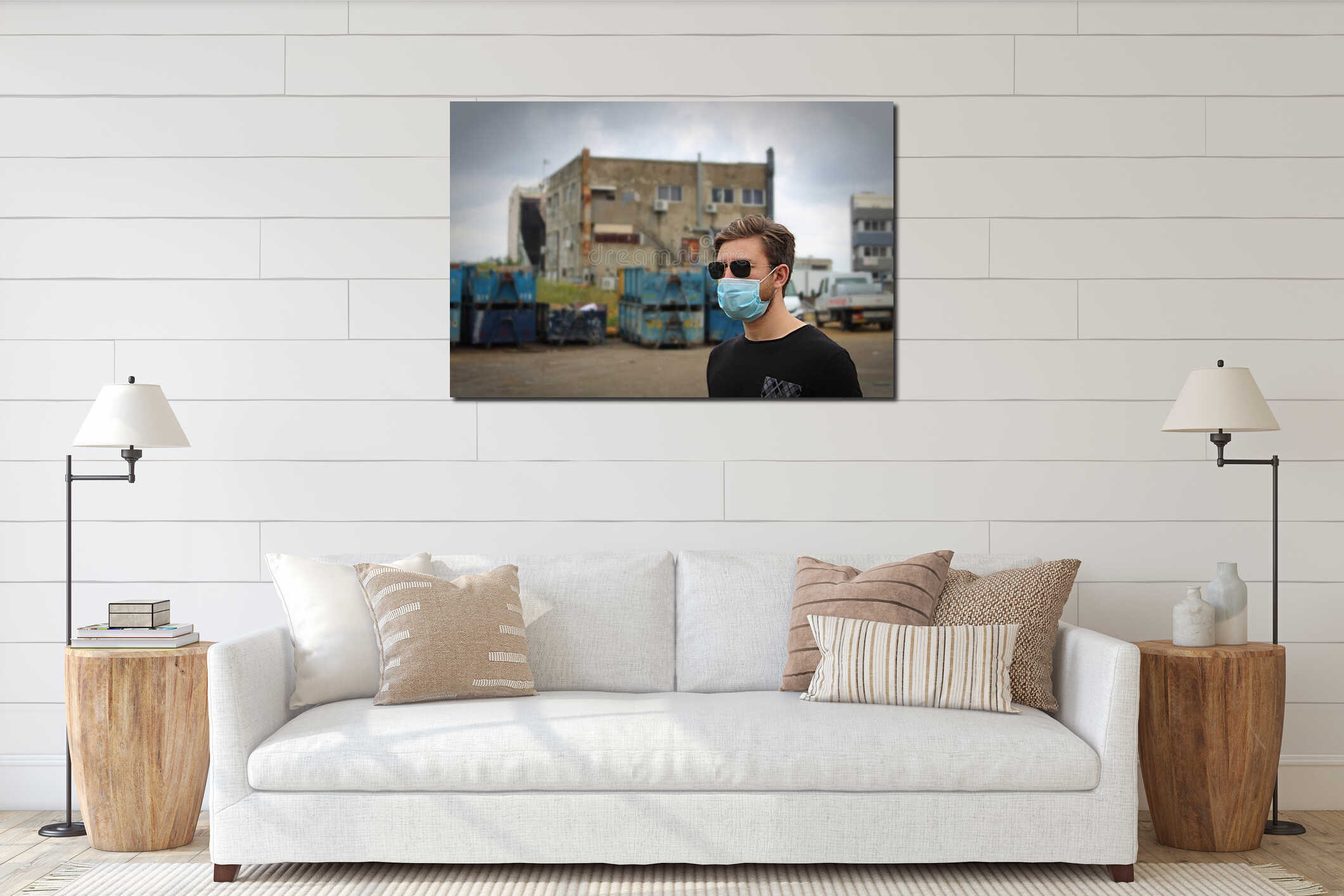 Coronavirus in world. Young man, teenager, in a medical mask of a surgeon in the industrial zone of the city interior mockup