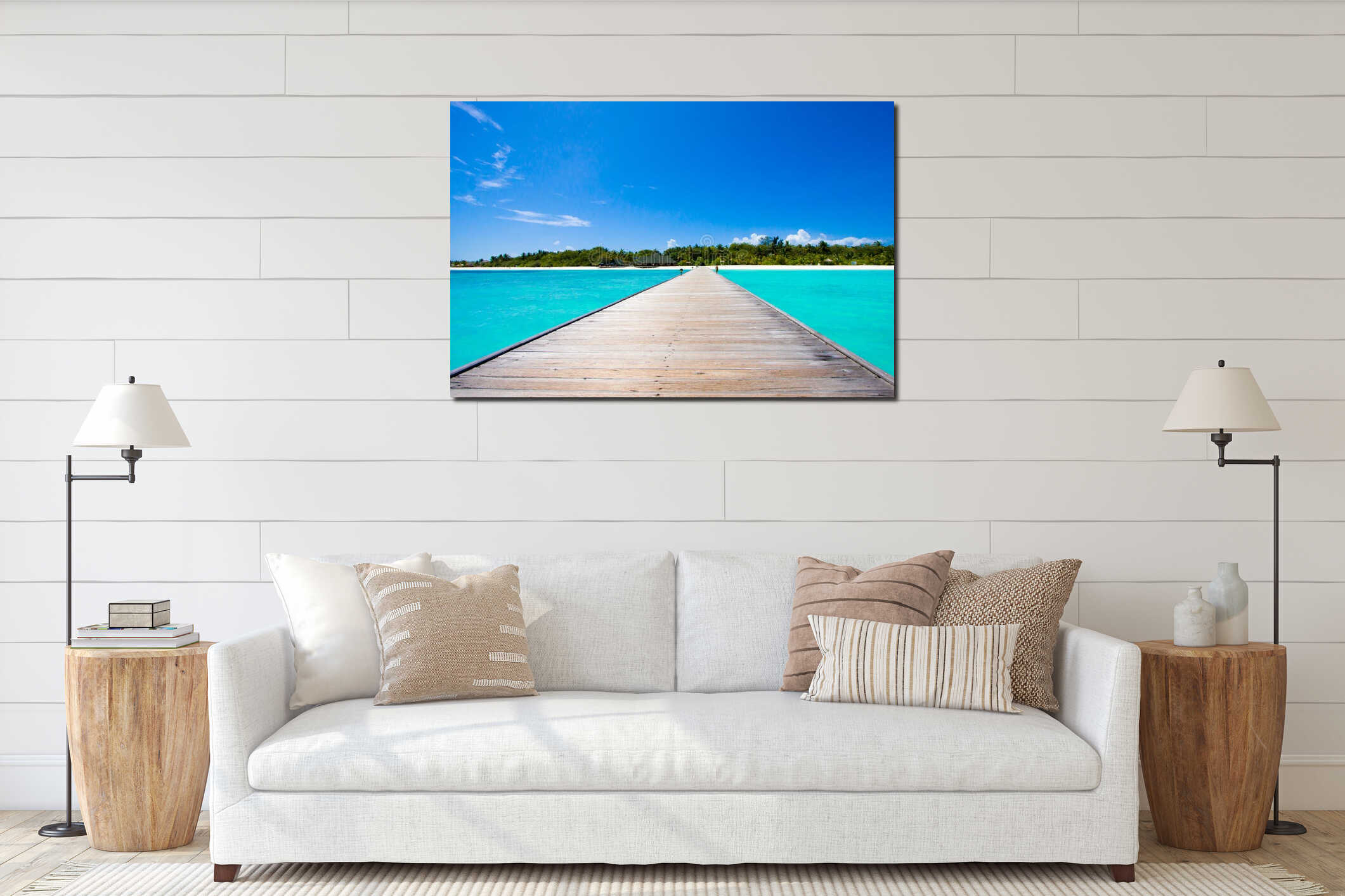 Maldives tropical beach scene interior mockup