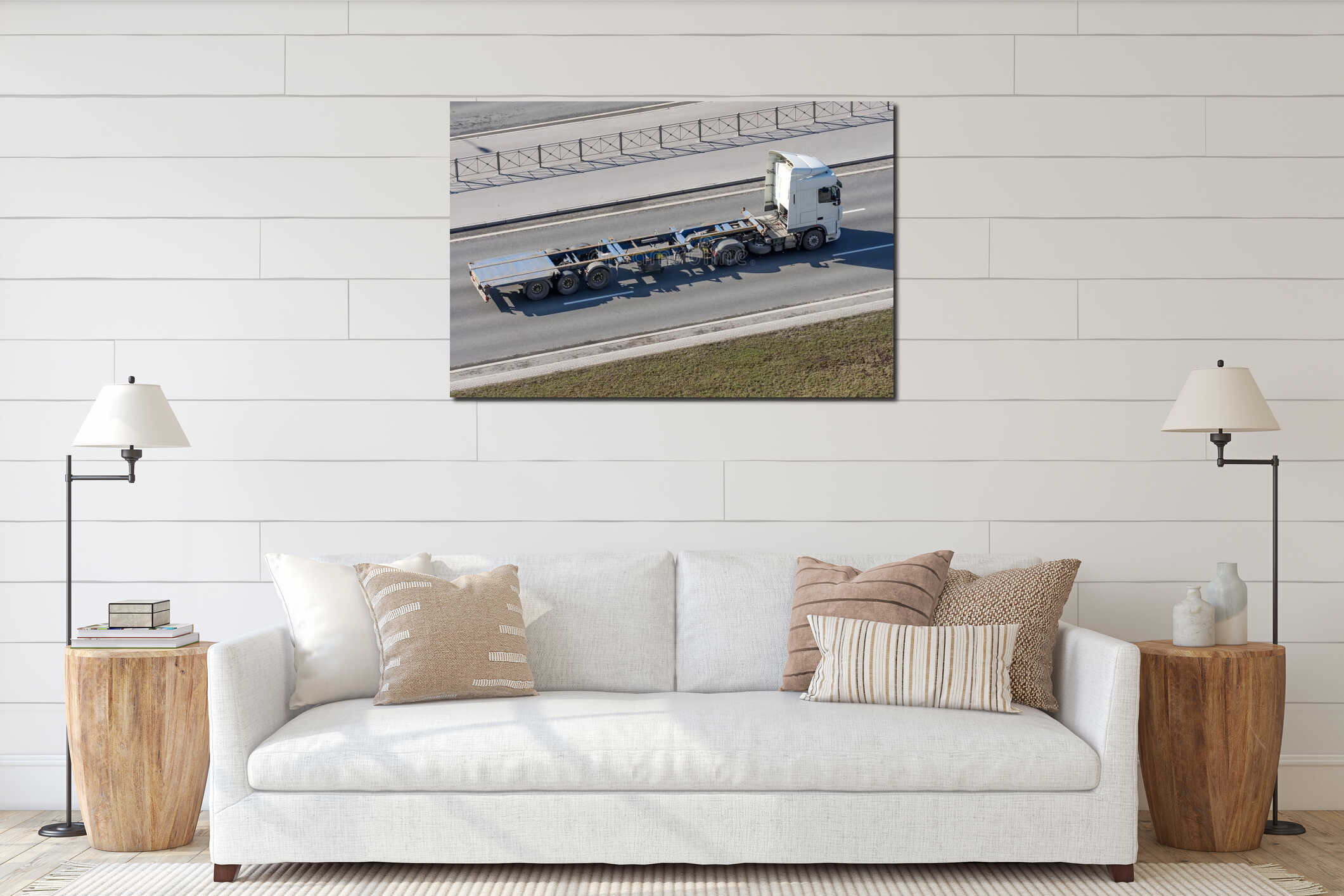 Truck with a trailer and an empty long platform rides in the city on the highway interior mockup