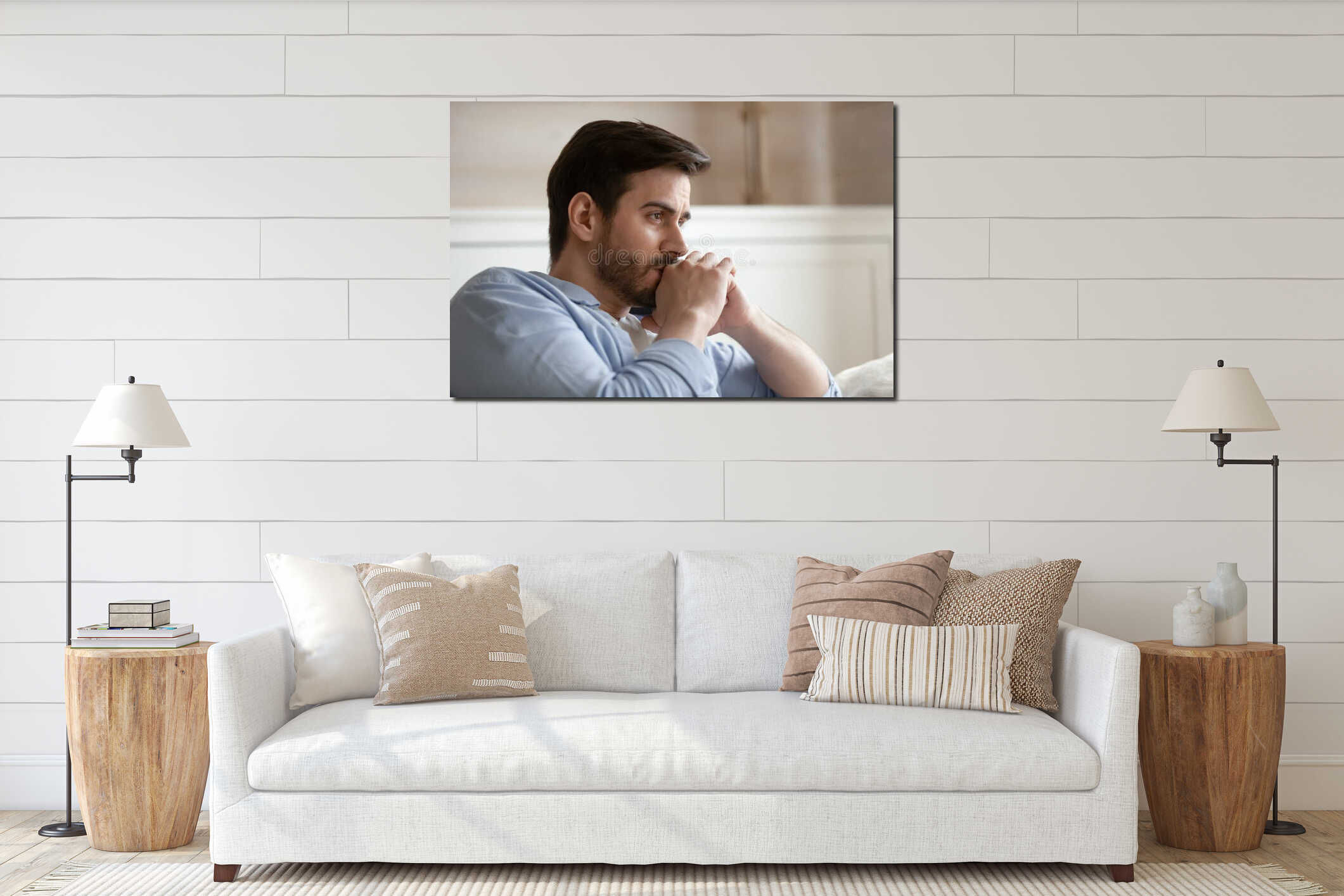 Close up head shot young thoughtful man looking away. interior mockup