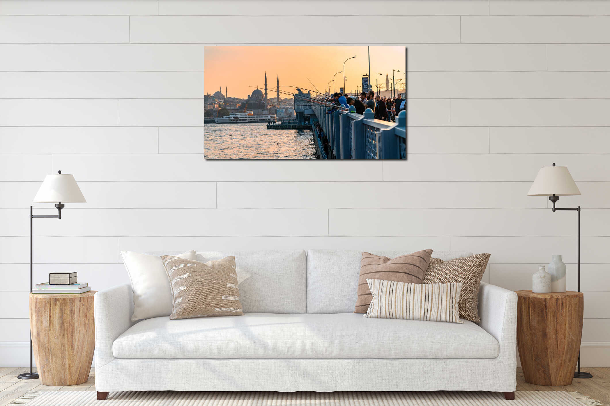Fishermen on Galata bridge, fishing with their fishing poles during sunset, Karakoy, Galata bridge, Istanbul interior mockup