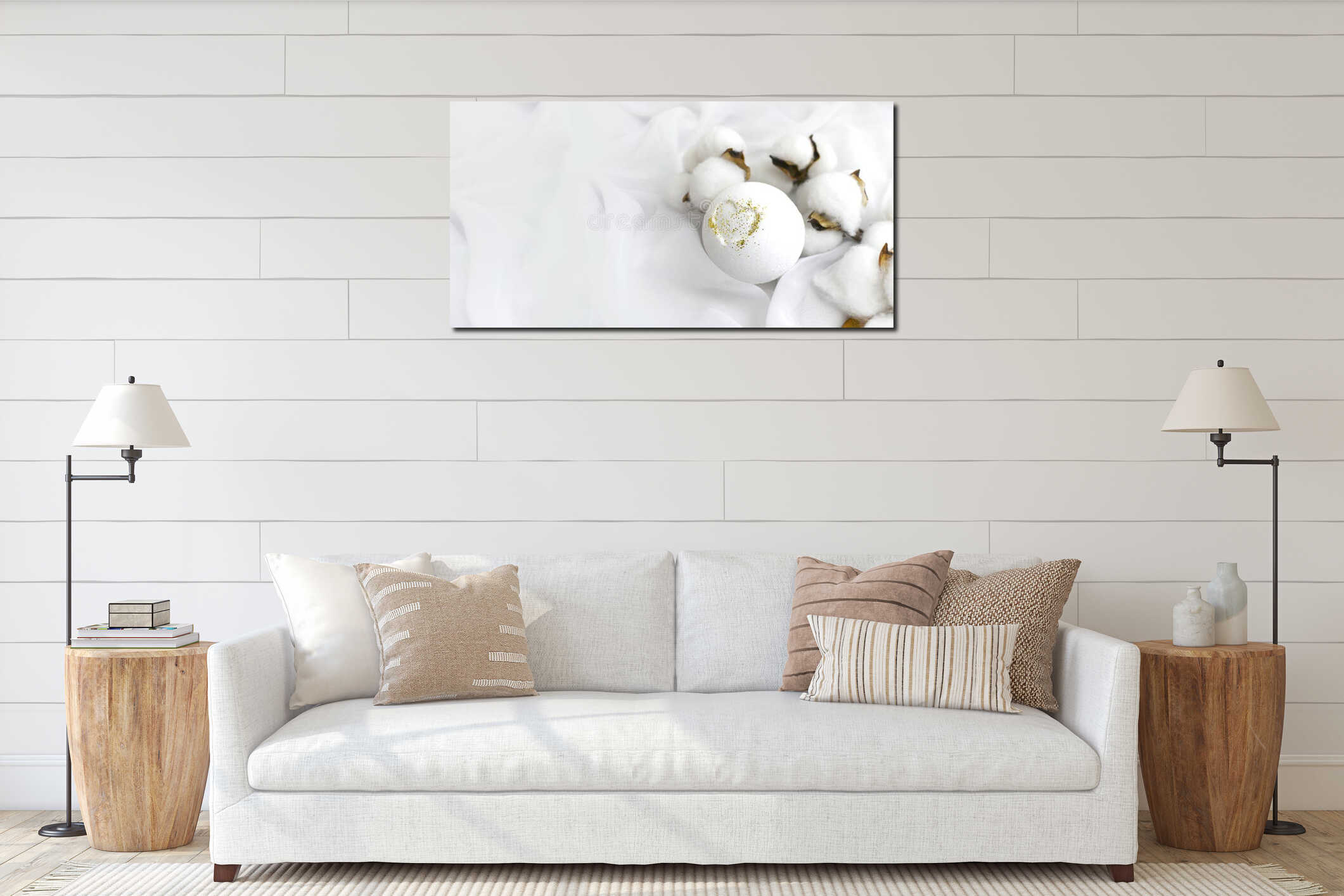 Romantic spa concept with bath bomb, cotton flowers on waved silk background. Luxury cosmetics branding. interior mockup