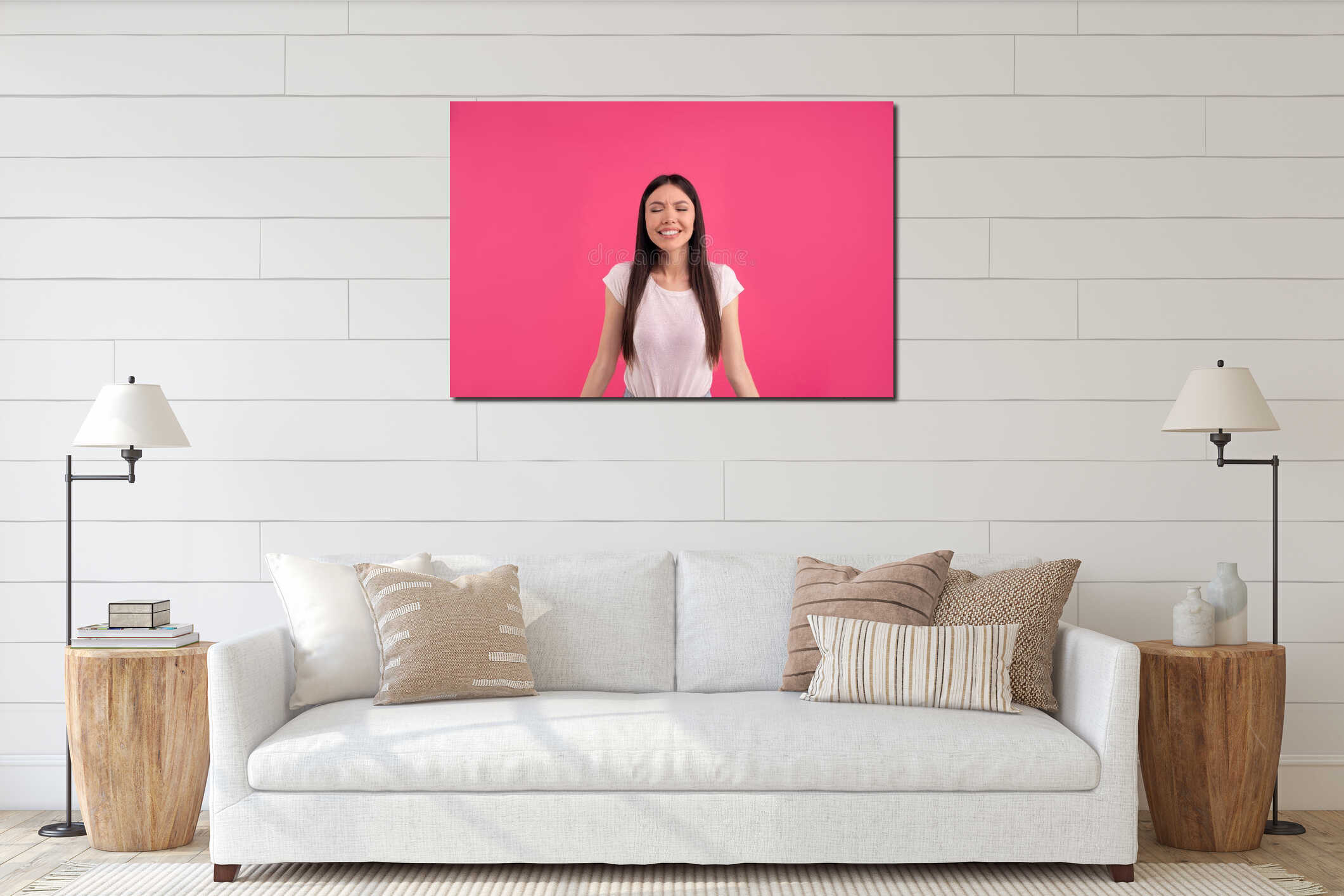 Portrait of emotiove satisfied Asian woman with natural beauty, dark combed hair, smiles happily, keeps eyes closed, wears casual interior mockup