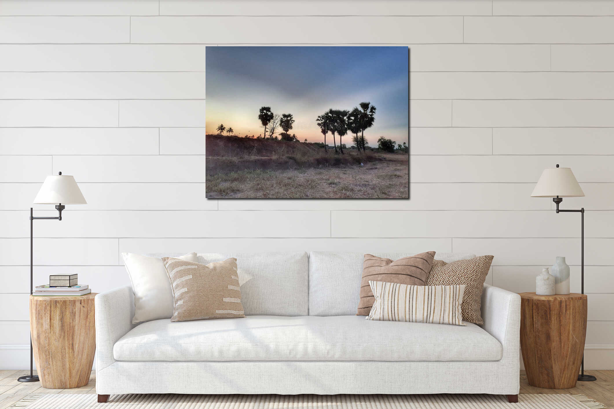 Palm trees evening show landscape nature scenery . interior mockup