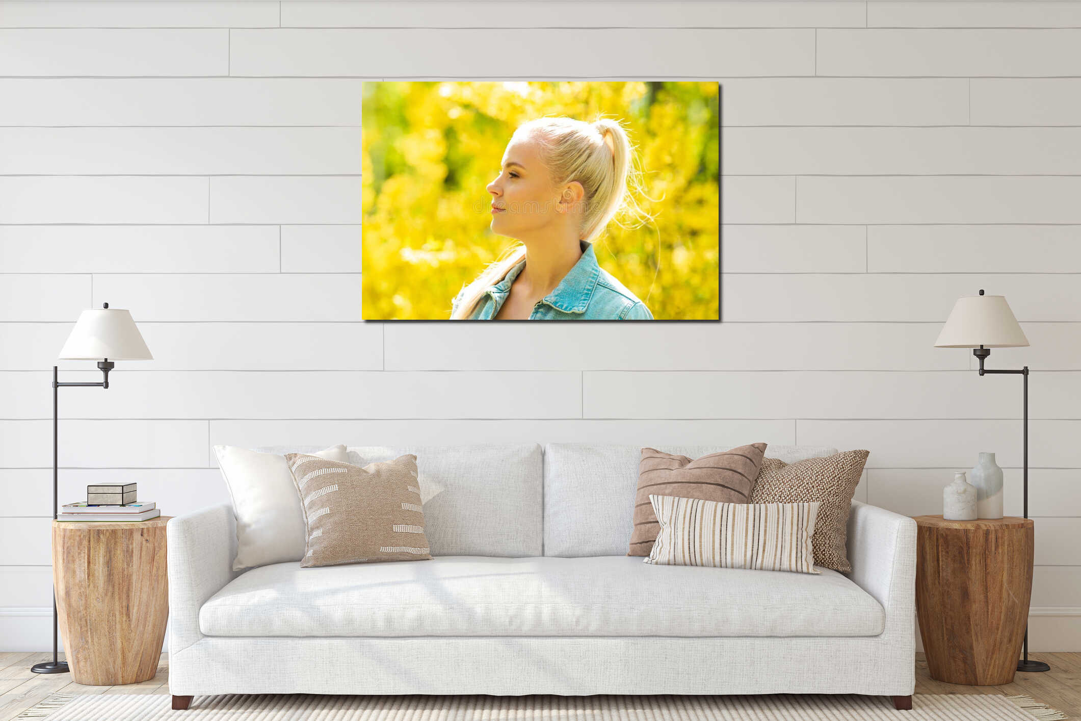Portrait of young and beautiful teen girl at summer. Attractive blond woman over natural background. interior mockup