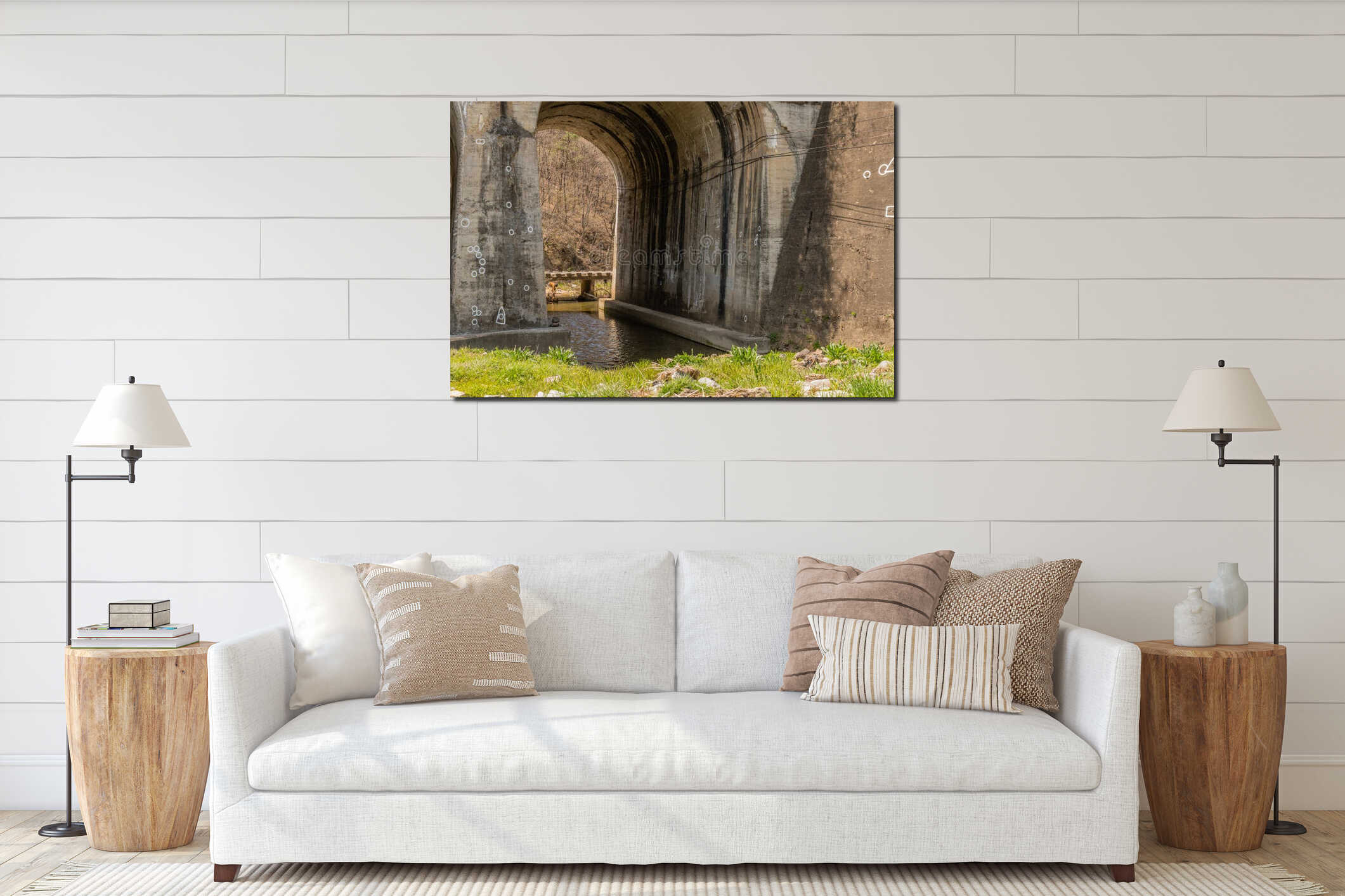 Stream running through arched tunnel interior mockup