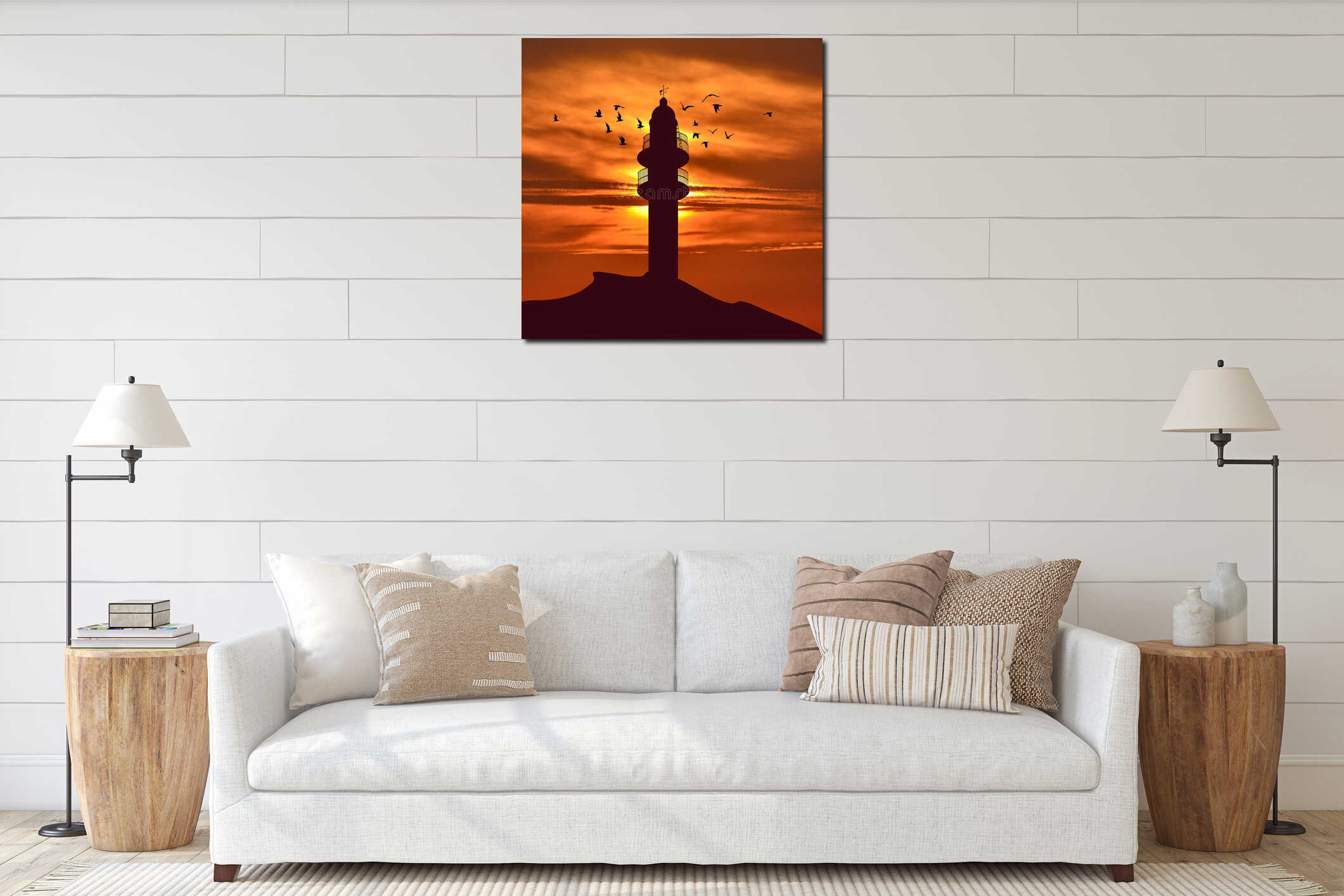 Lighthouse silhouette and birds flying around it interior mockup