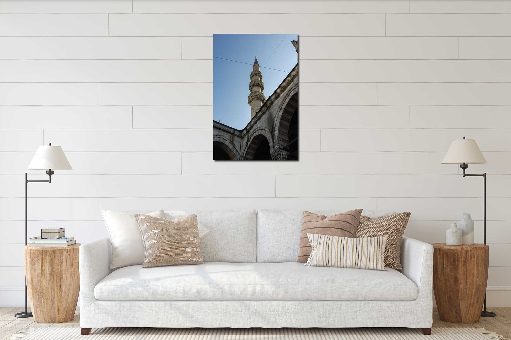 A minaret of a historic mosque called the `New Mosque` in Istanbul. Turkey interior mockup