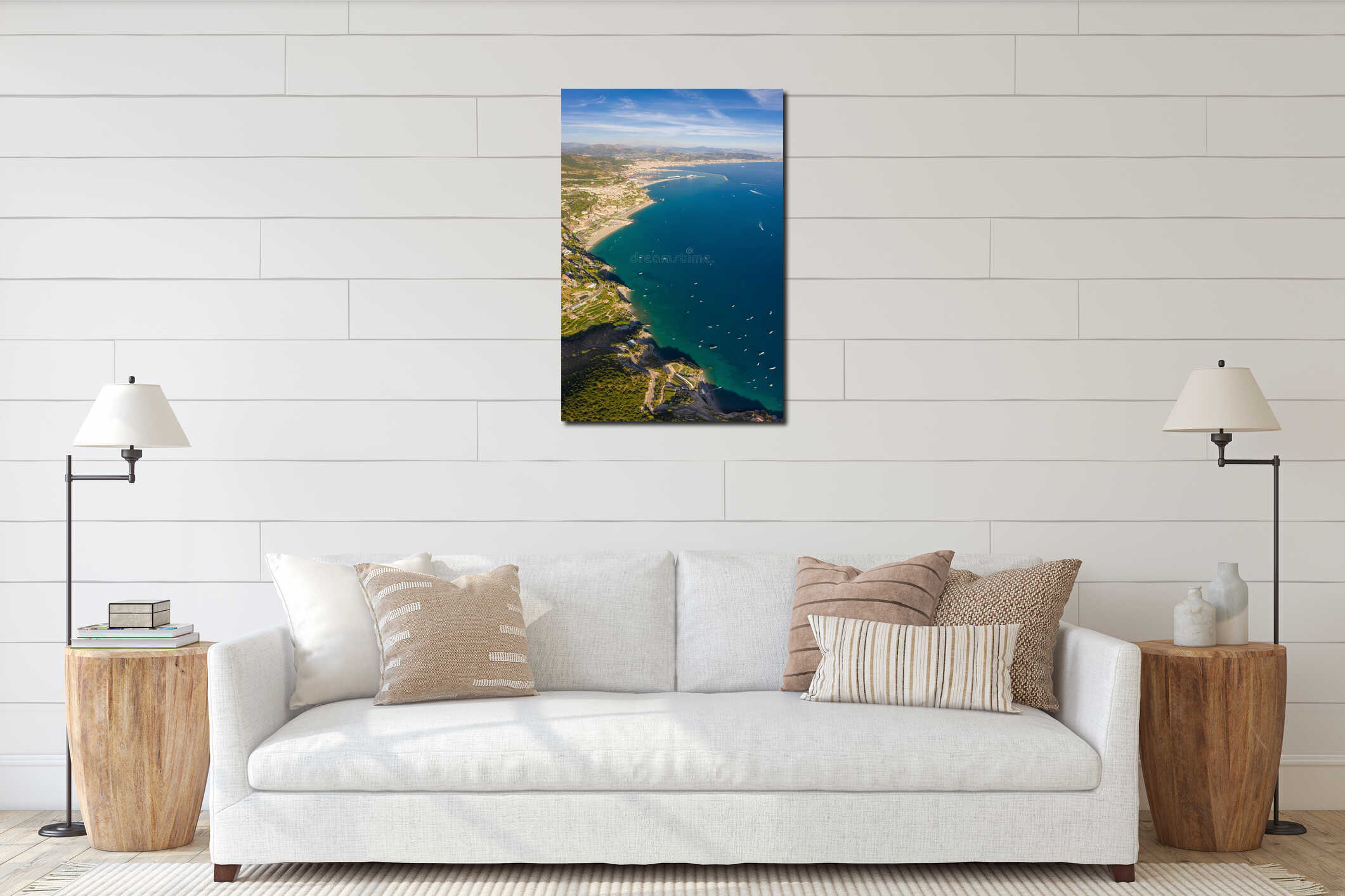 Aerial view to Vietri sul Mare and Salerno city and mountains, Italy. interior mockup