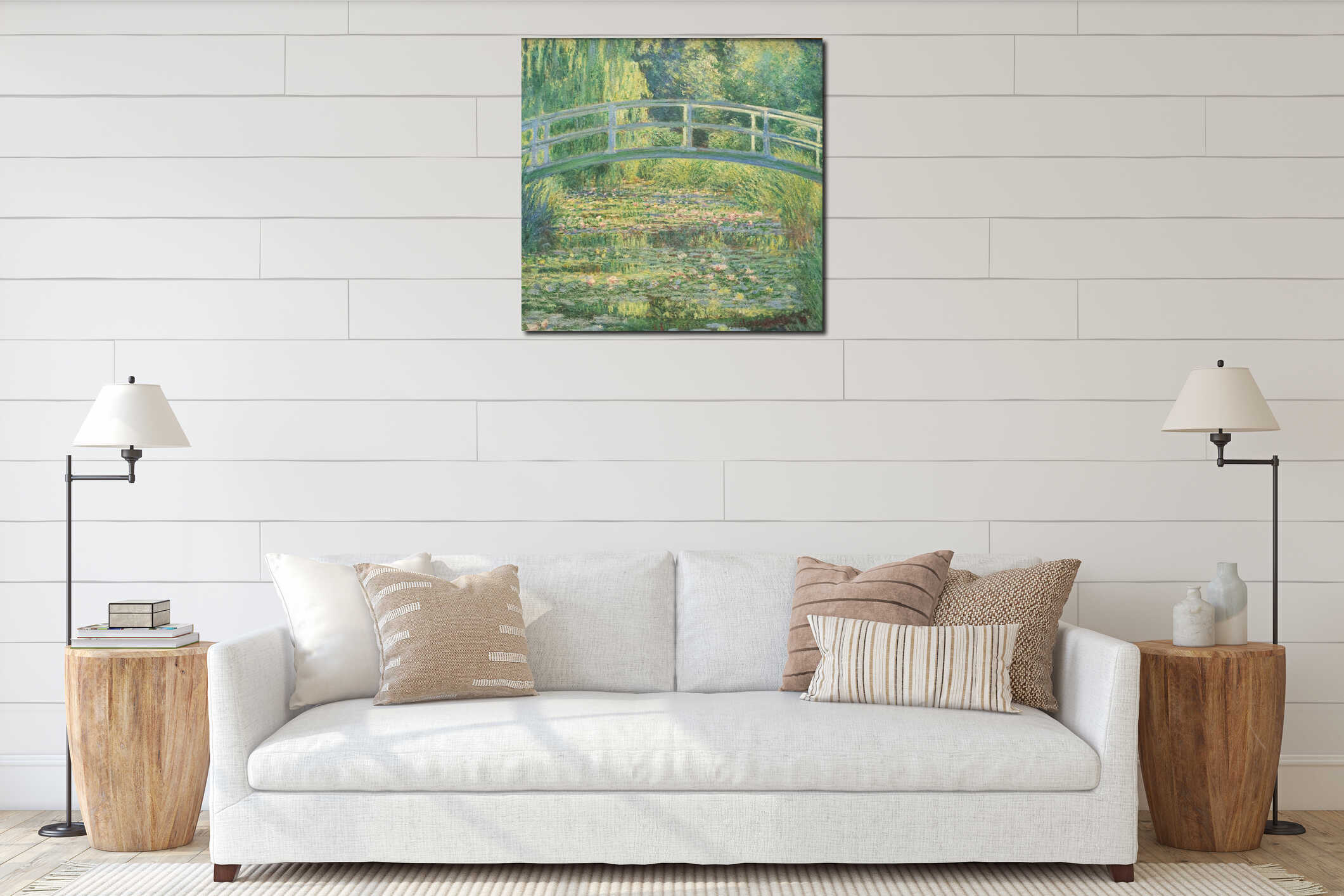 Impressionist painting of bridge over waterlilies by french painter Claude Monet interior mockup