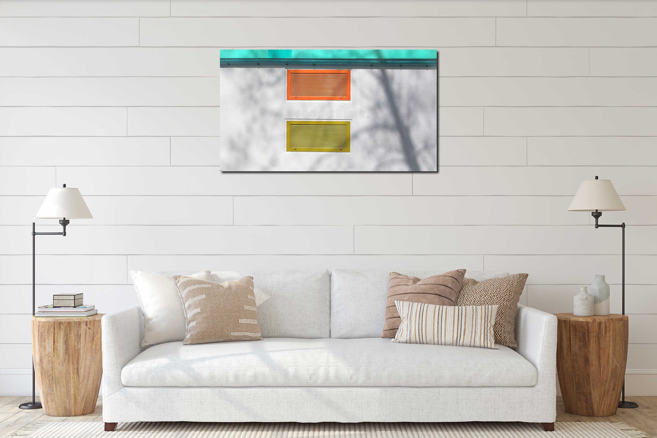 Corrugated metal sheet, air outlet, on a white plastered wall with a shade of wood, texture roll interior mockup