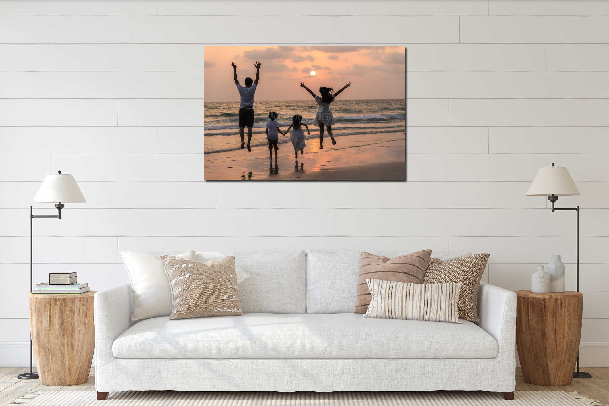 Asian young happy family enjoy vacation on beach in evening. Dad, mom and kid relax running together near sea while silhouette interior mockup