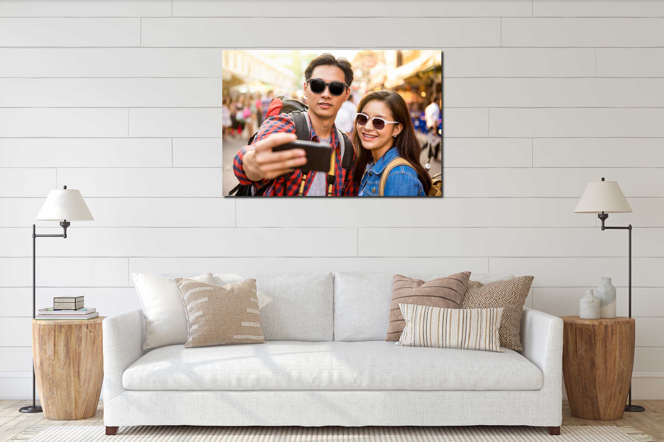 Smiling young Asian couple tourists taking selfie interior mockup