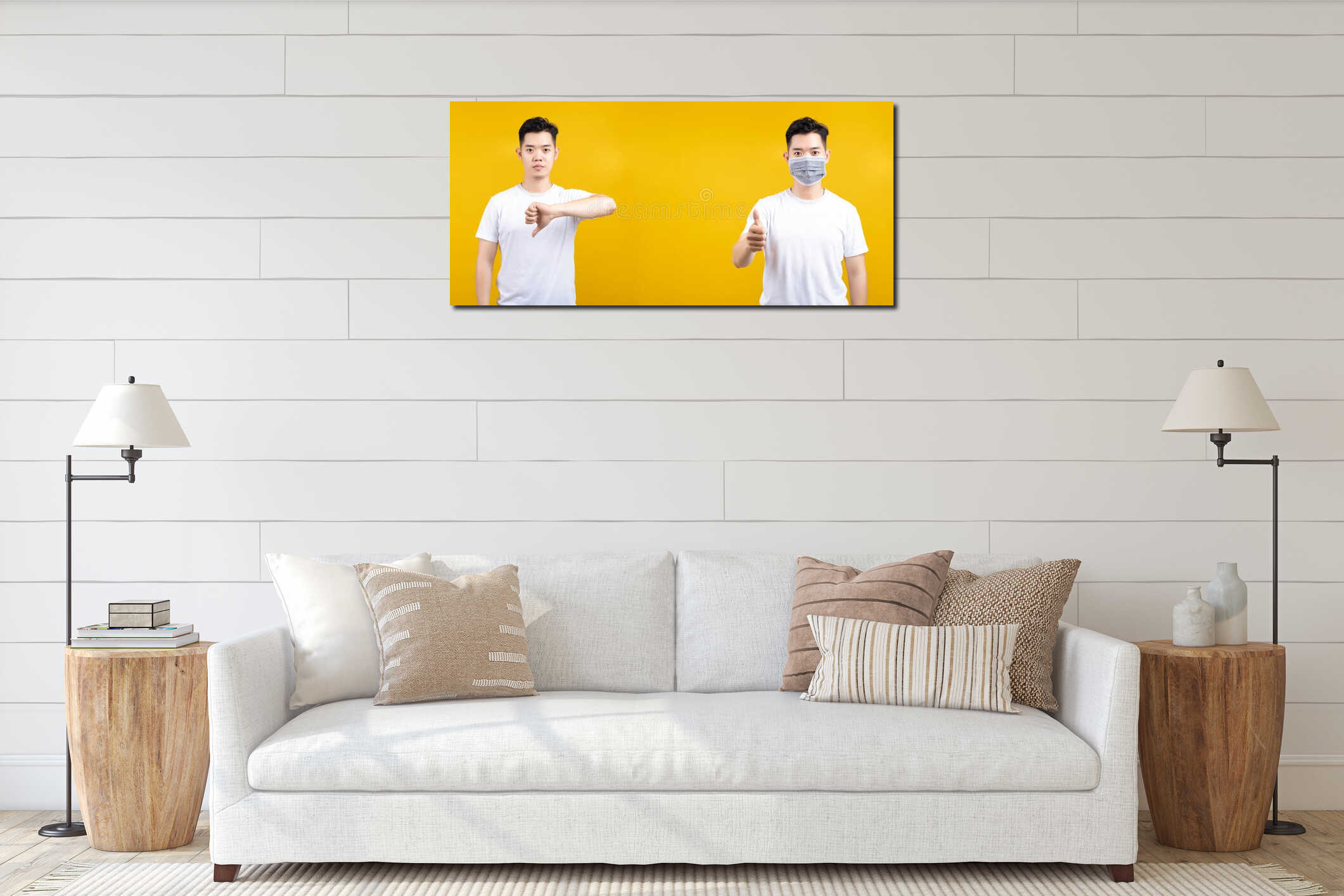 Asian man thumbs down, thumbs up for wearing mask correct and wrong to prevent coronavirus infection interior mockup