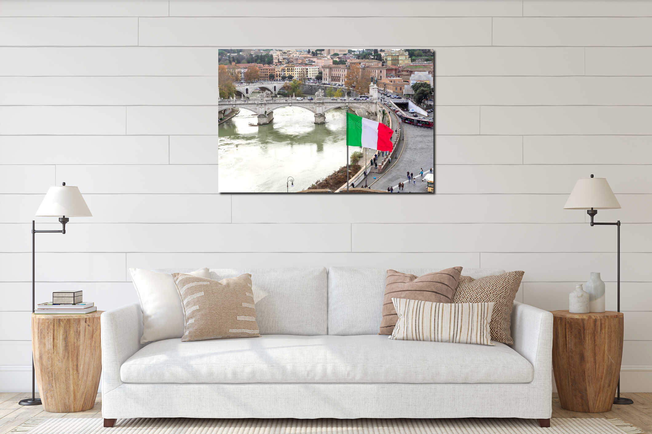 Rome, Italy - December 17, 2019: Rome skyline and river Tibre as seen from Castel Sant`Angelo with Italian flag interior mockup