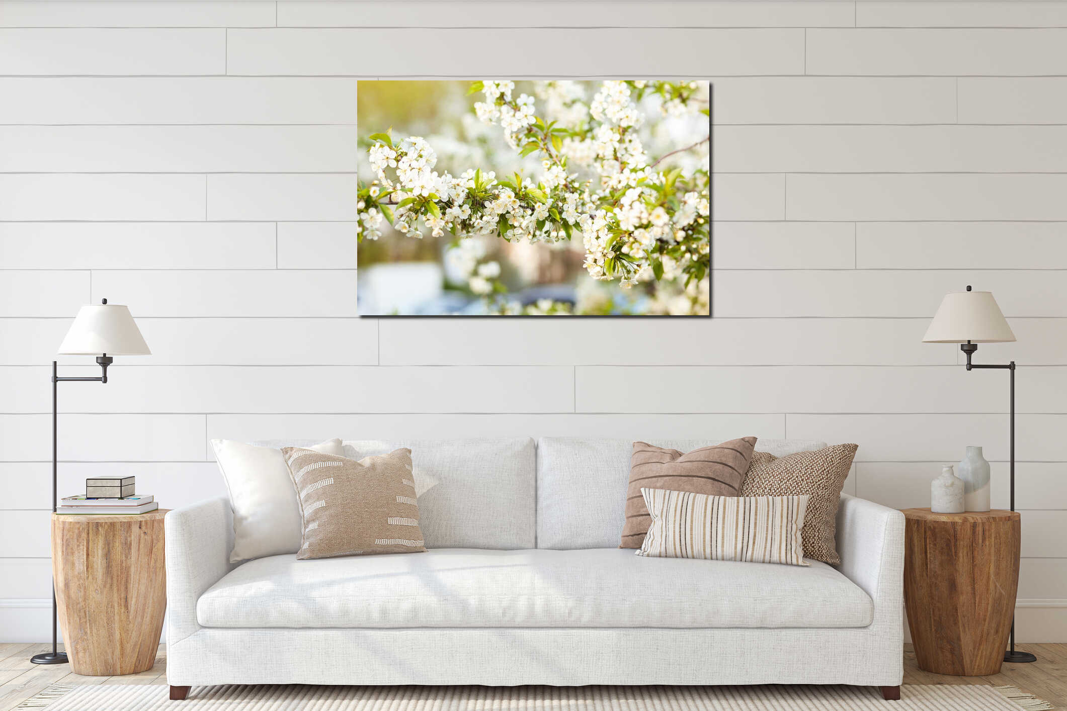 Blooming tree. Beautifully blossoming branch apple. White flower Apricot. Spring easter greeting card. Flowers Cherry flowering. W interior mockup