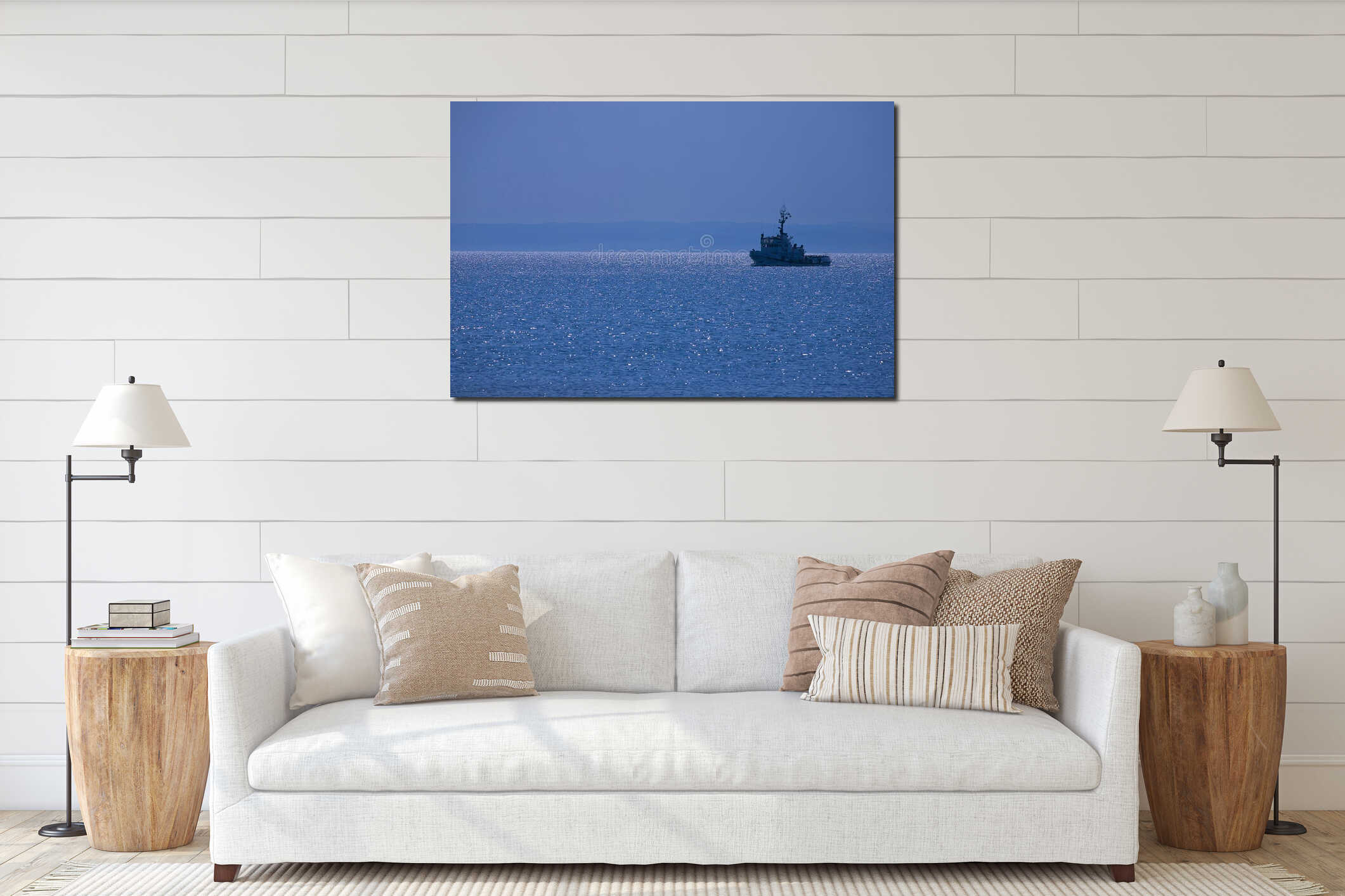 Landscape a small ship sailing on the blue sea and cloudless sky interior mockup
