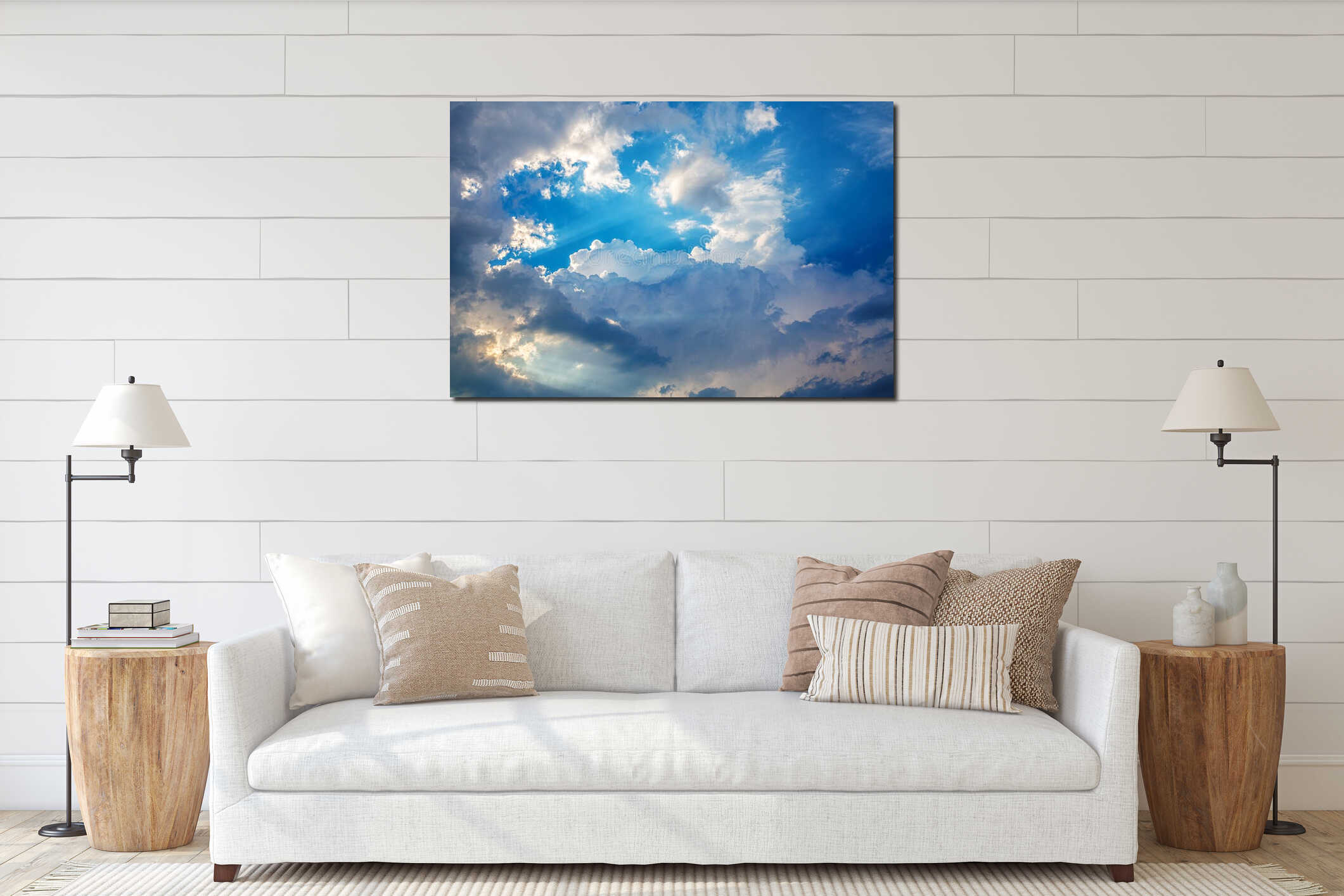 Sunset clouds with blue sky, sky cloud background interior mockup