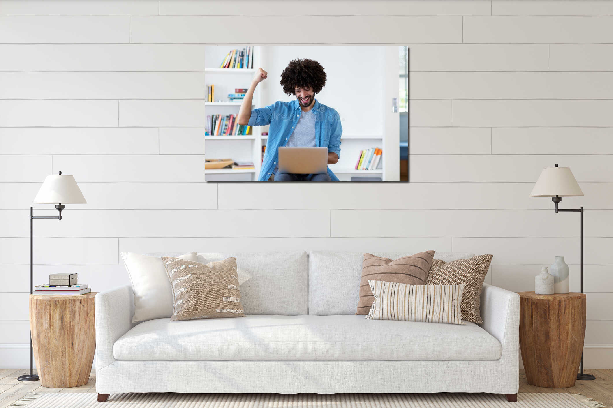 Cheering afro american hipster man in quarantine at computer interior mockup