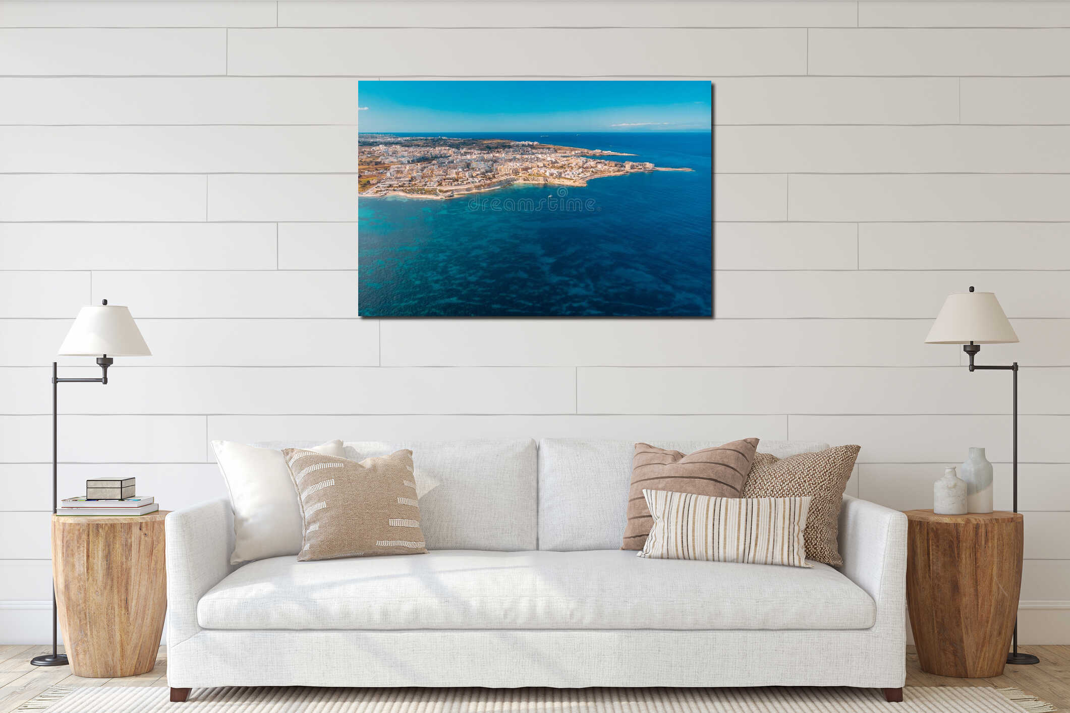 City Marsaskala Malta summer harbour water mediterranean sea blue. Aerial top view interior mockup