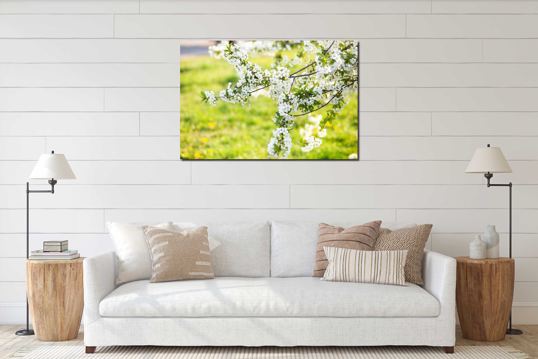 Blooming tree. Beautifully blossoming branch apple. White flower Apricot. Spring easter greeting card. Flowers Cherry flowering. W interior mockup