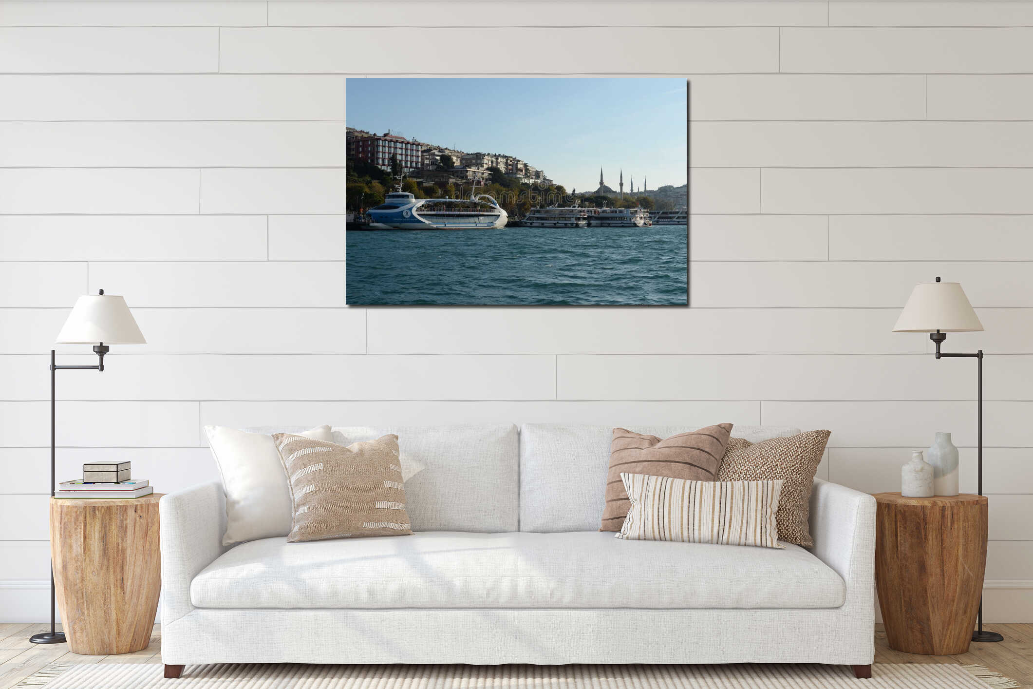 Passenger ships in the Bosphorus Strait at the Uksyudar Shehir Khatlary Isklesi Maritime Station on the Asian side of Istanbul interior mockup