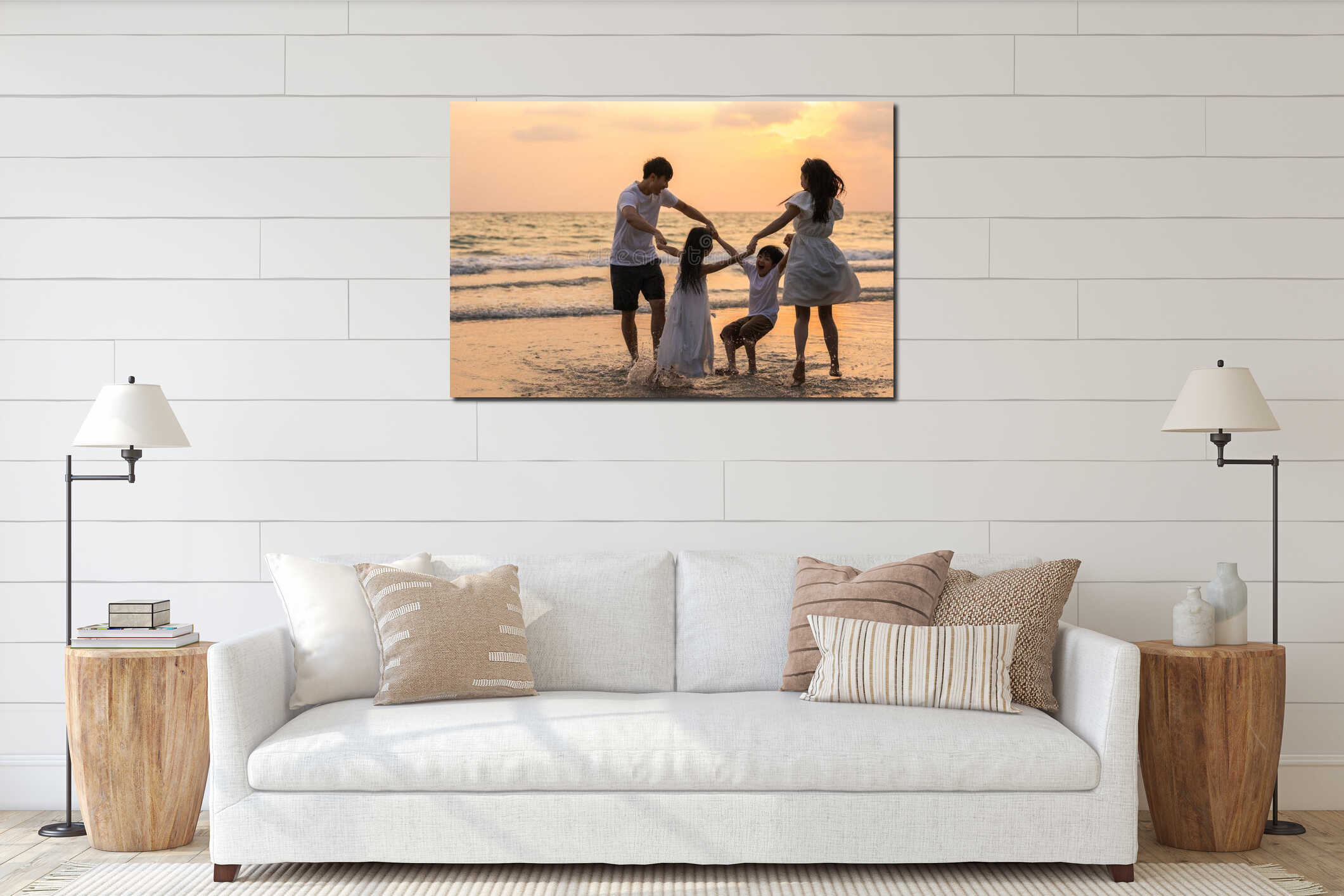 Asian young happy family enjoy vacation on beach in the evening. Dad, mom and kid relax playing together near sea when silhouette interior mockup
