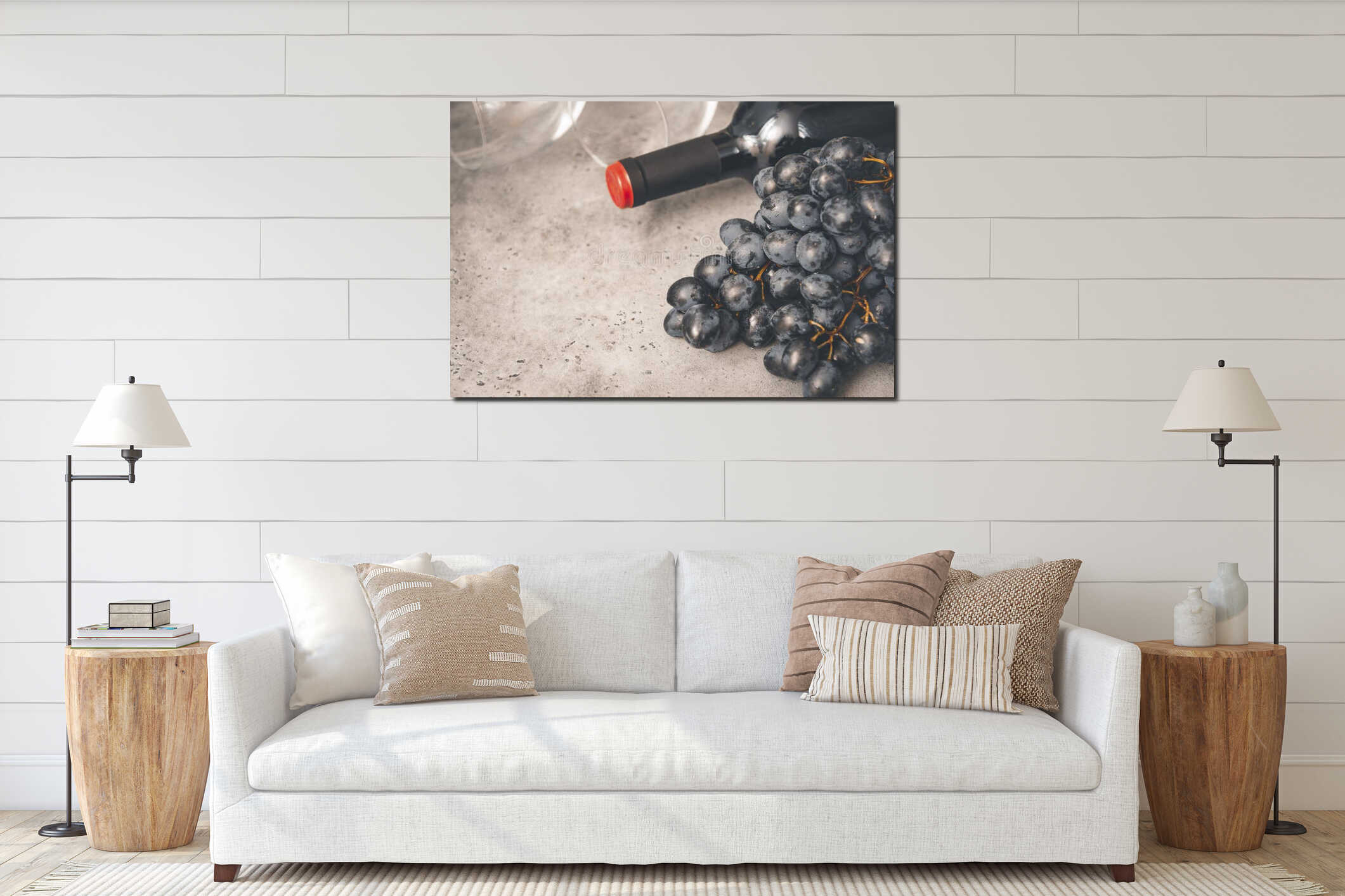 Bottle of wine,  bunch of dark grapes,  empty glass on a gray background  closeup interior mockup