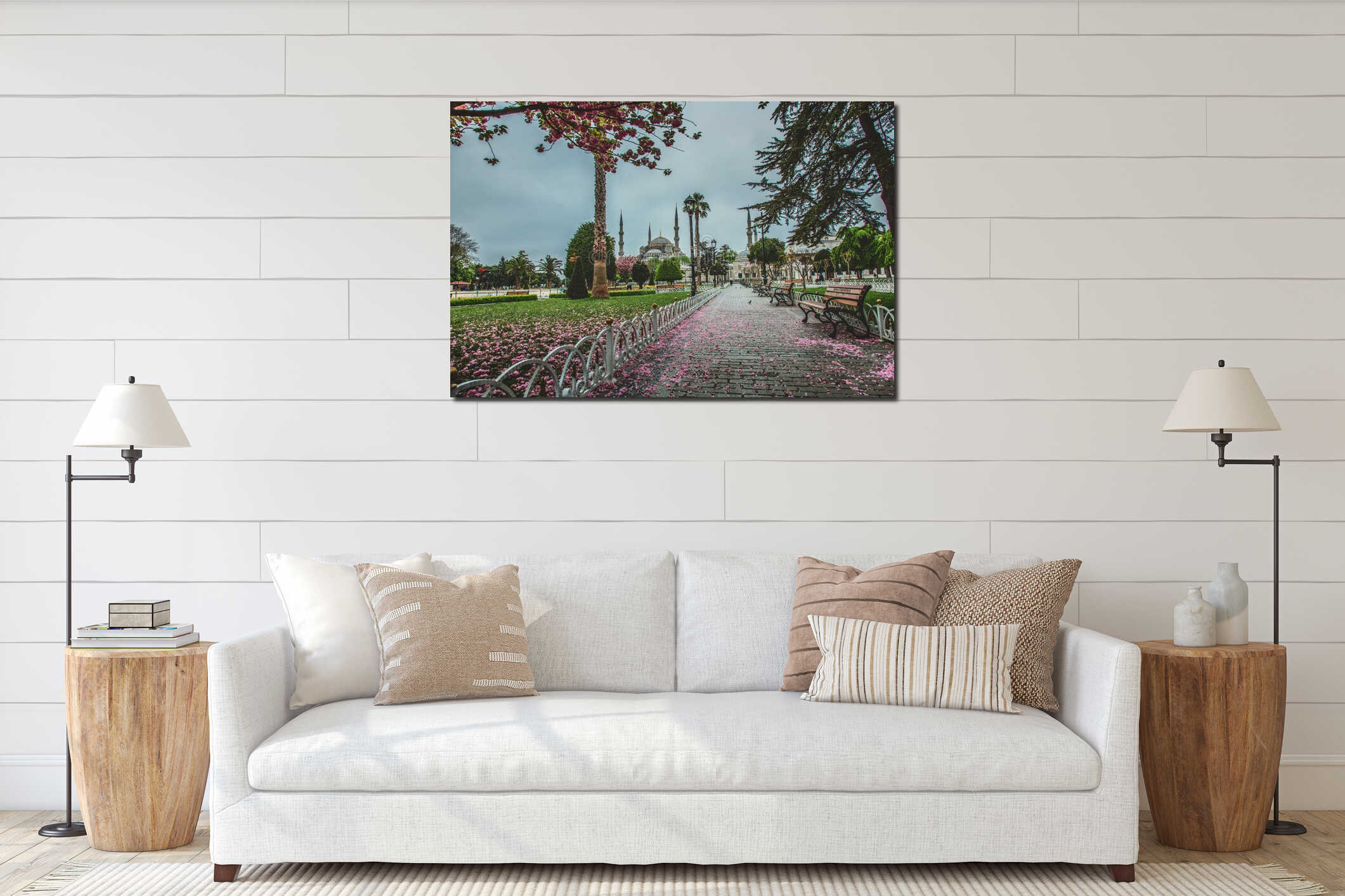 Blooming tree and view of The Sultan Ahmed Mosque Blue Mosque and fountain view from the Sultanahmet interior mockup