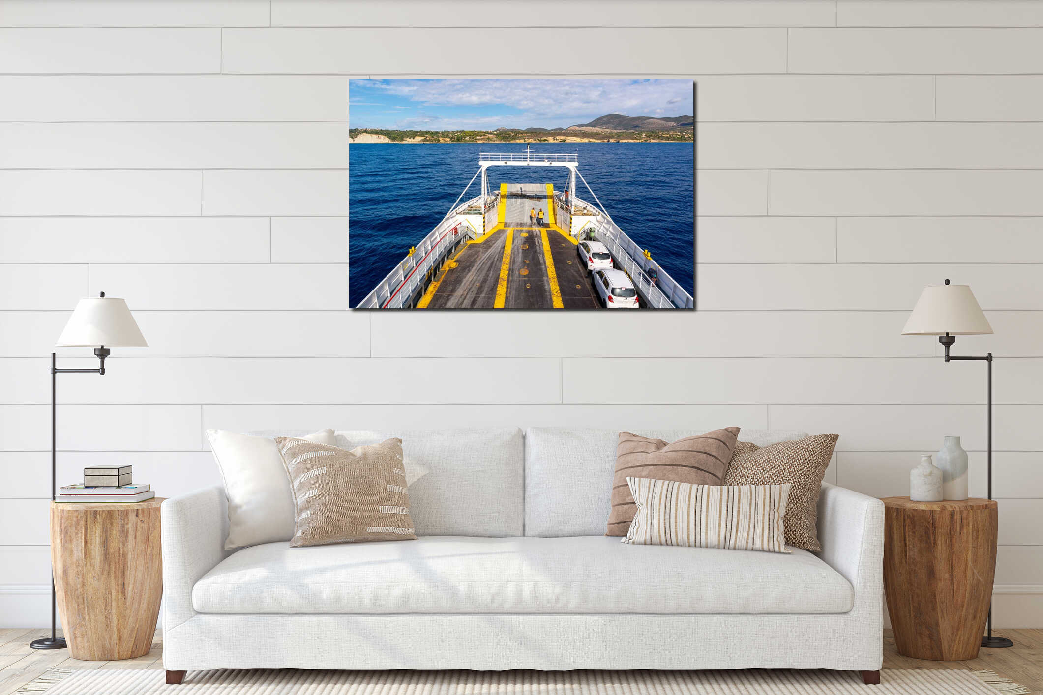 Rear side of a car ferry. Cars parked on deck. Greece interior mockup