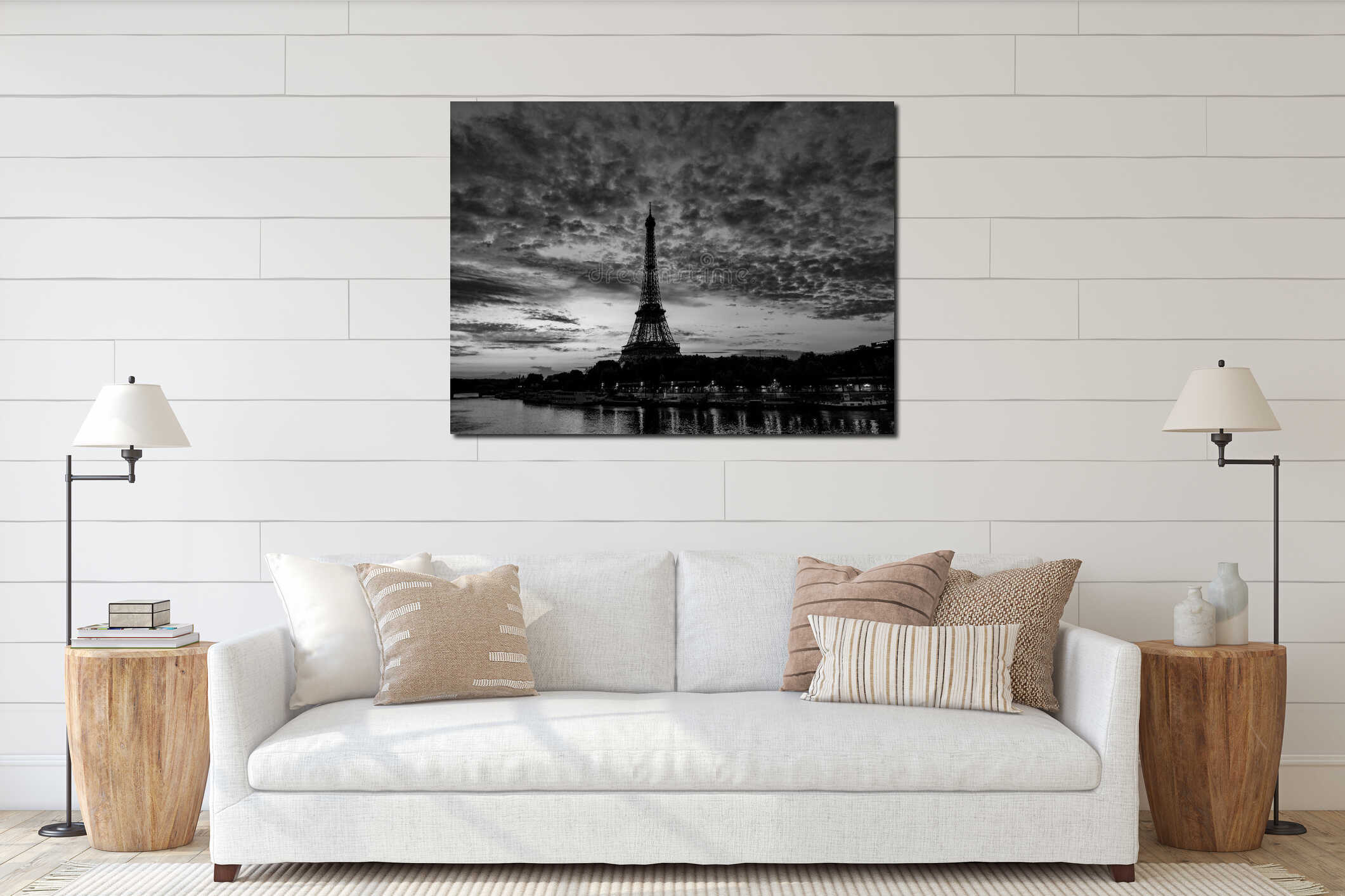 Black and White Photography of a View of Eiffel Tower and river Seine at sunrise interior mockup
