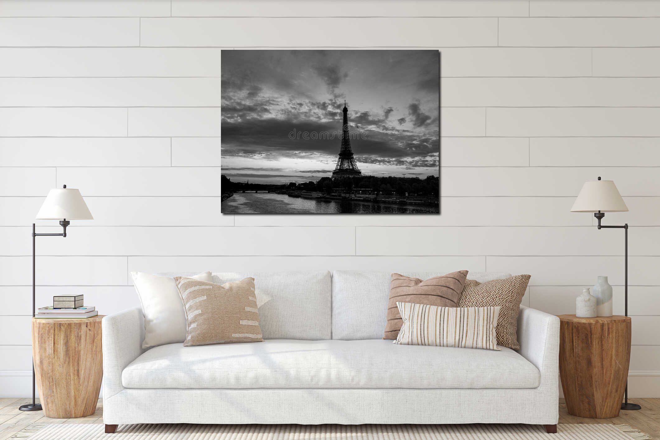 Black and White Photography of View of Eiffel Tower and river Seine at sunrise interior mockup