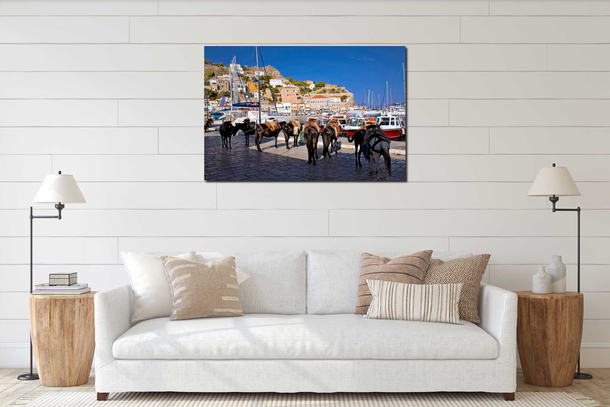 Mules waiting for tourists in the port of Hydra island interior mockup