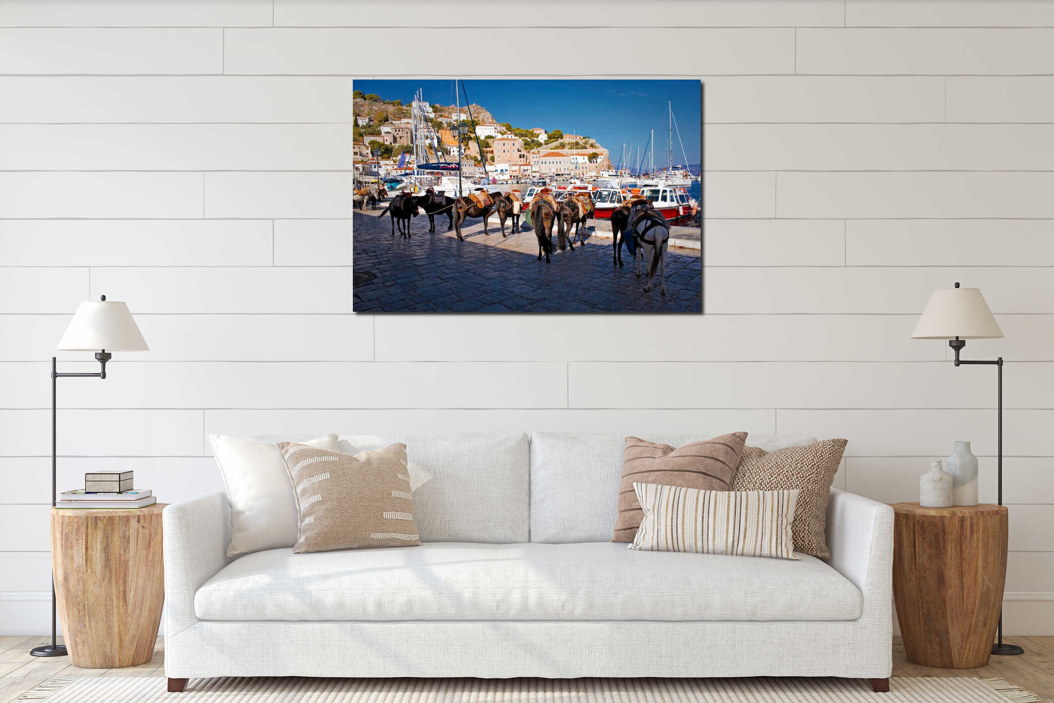 Mules waiting for tourists in the port of Hydra island interior mockup
