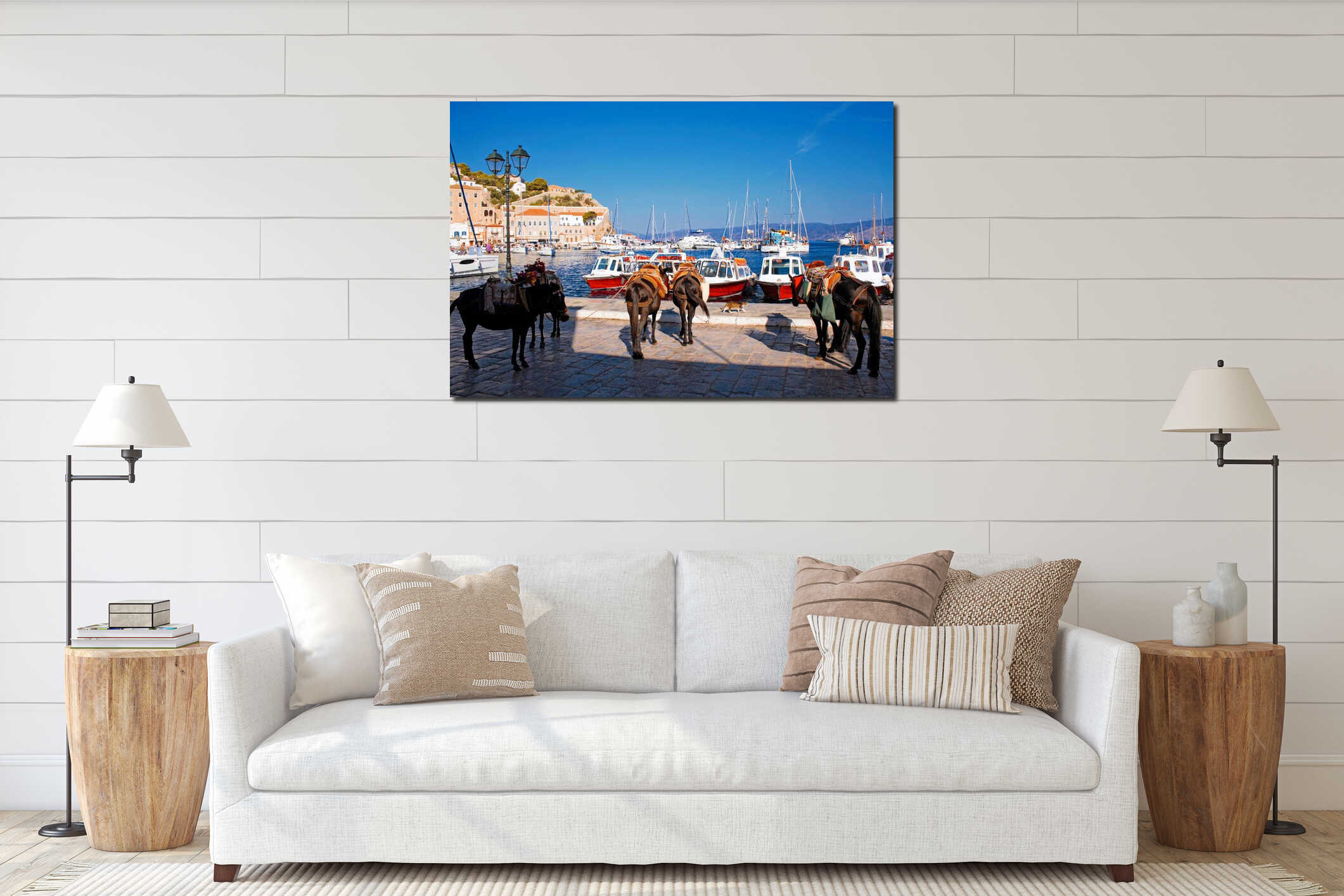 Mules waiting for tourists in the port of Hydra island interior mockup