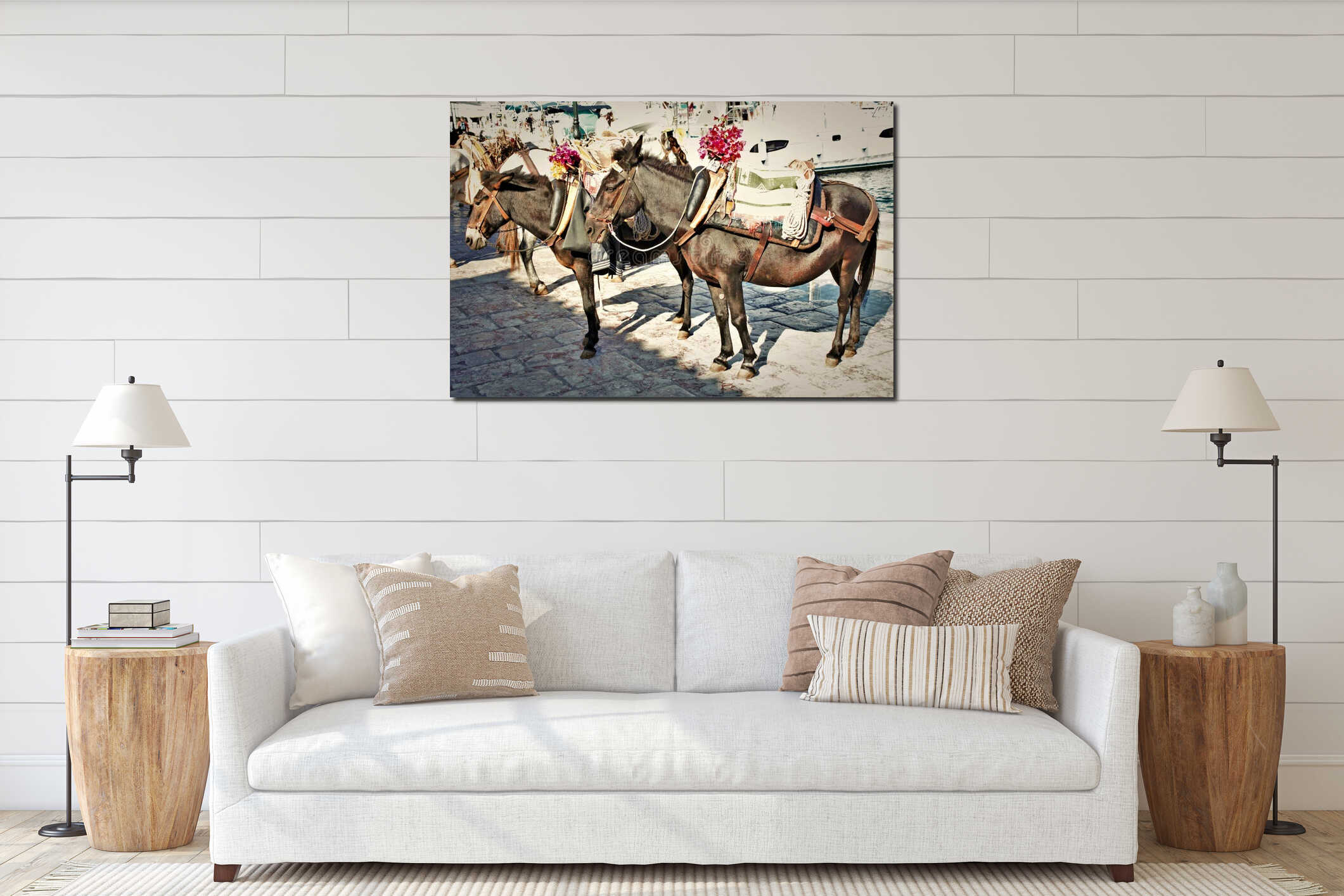 Mules waiting for tourists in the port of Hydra island interior mockup