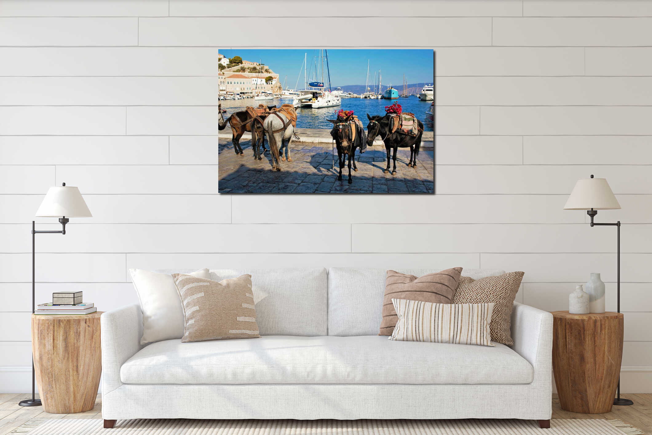 Mules waiting for tourists in the port of Hydra interior mockup