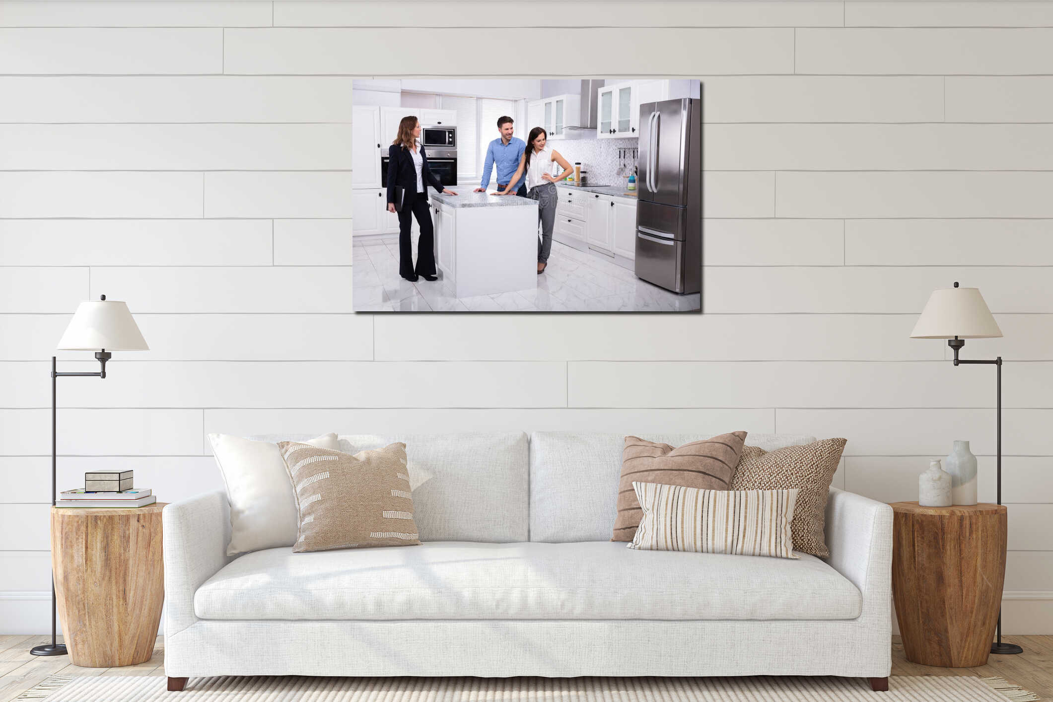 Real Estate Agent Showing Refrigerator In House To A Couple interior mockup